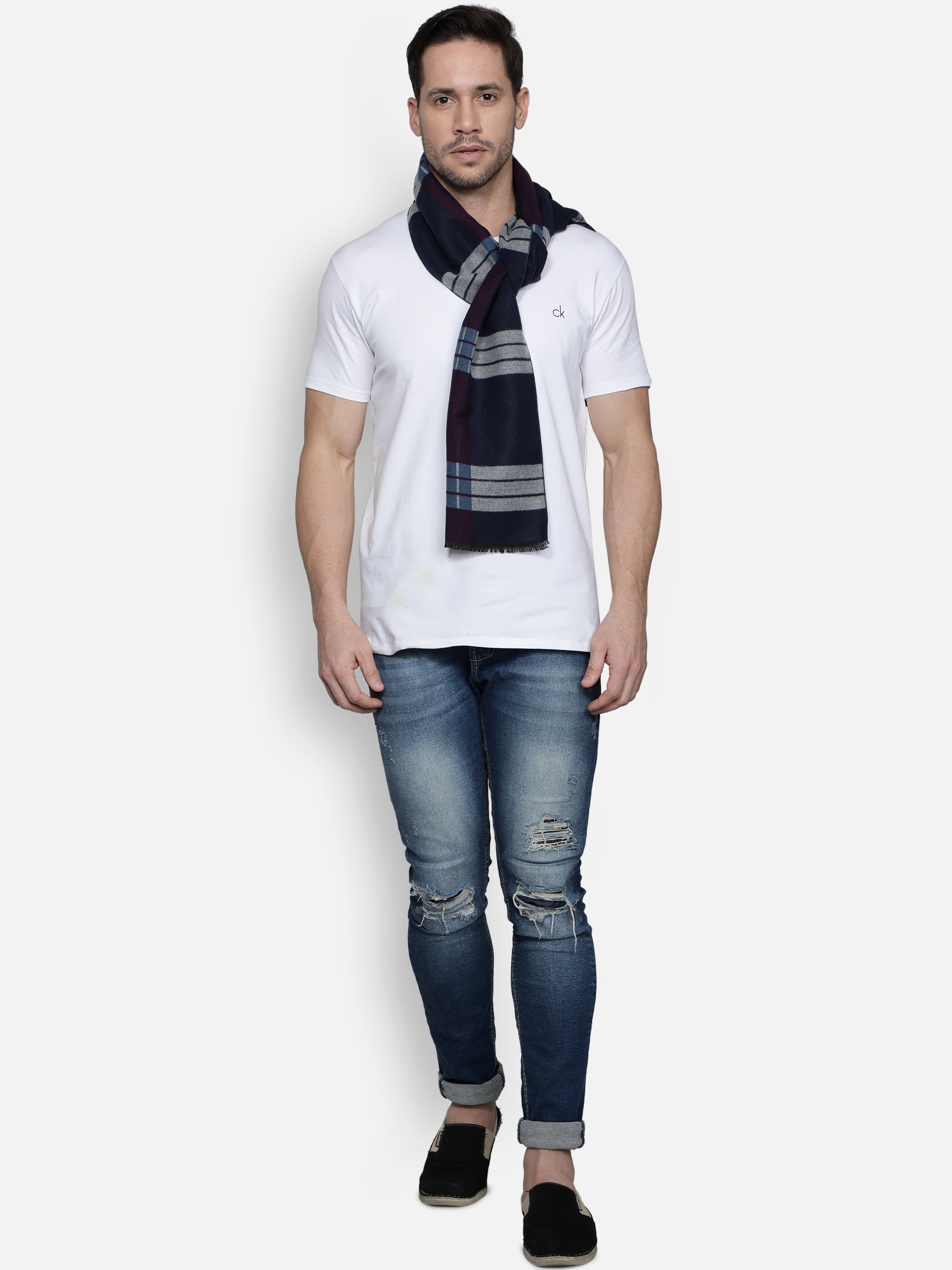 Alvaro Castagnino Men Navy Blue & Grey Striped Muffler