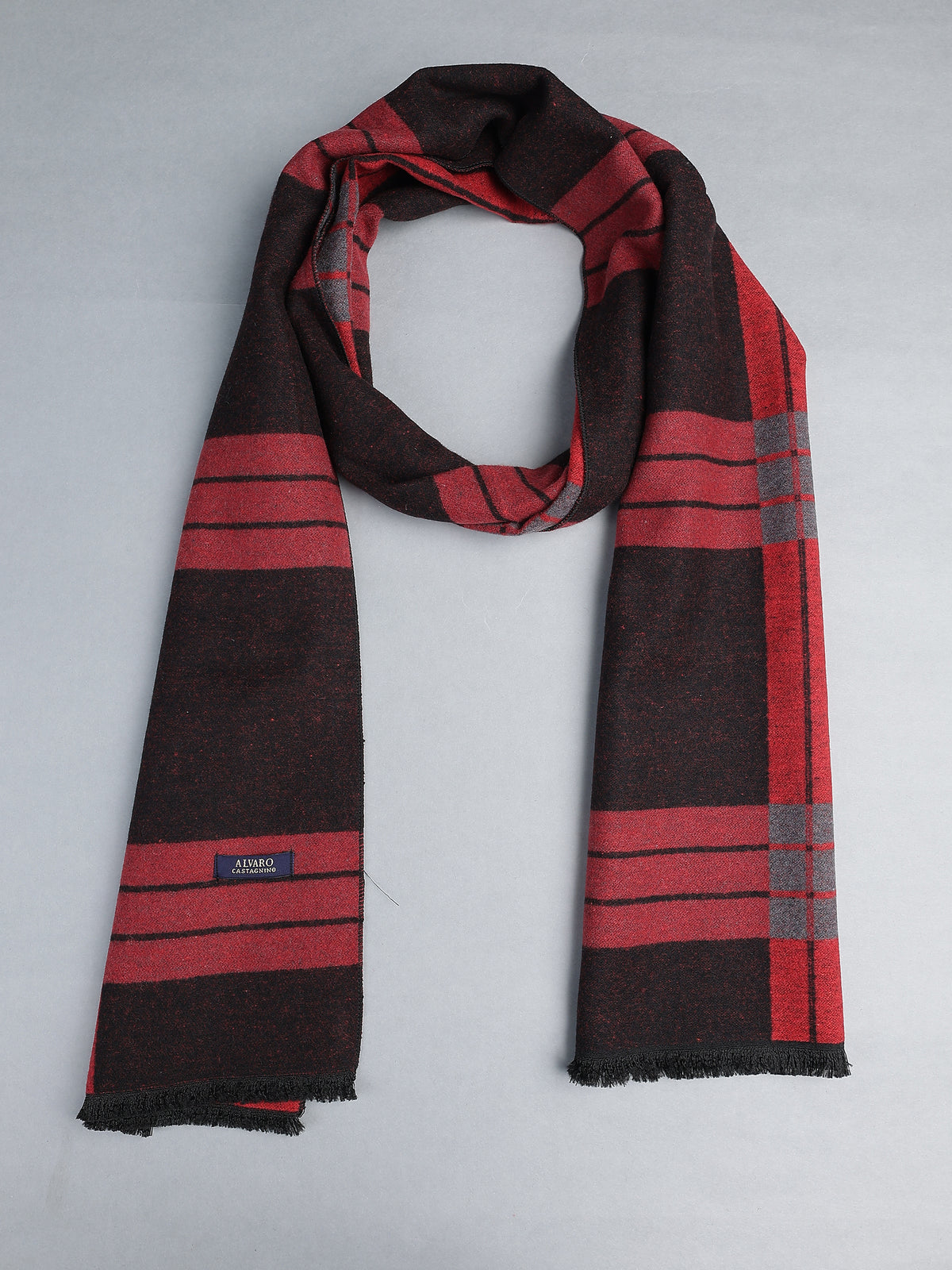 Crimson Red & Charcoal Plaid Fringed Winter Muffler