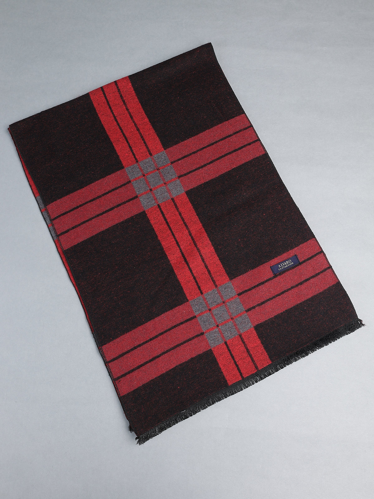 Crimson Red & Charcoal Plaid Fringed Winter Muffler