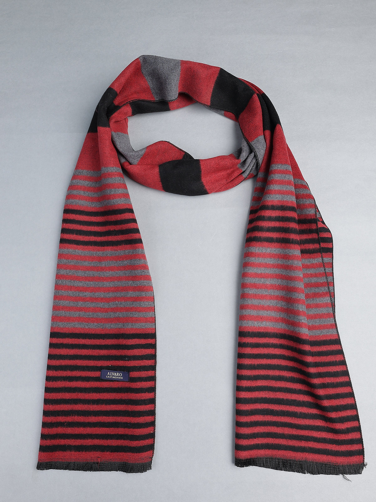 Crimson Red, Charcoal & Black Striped Winter Muffler