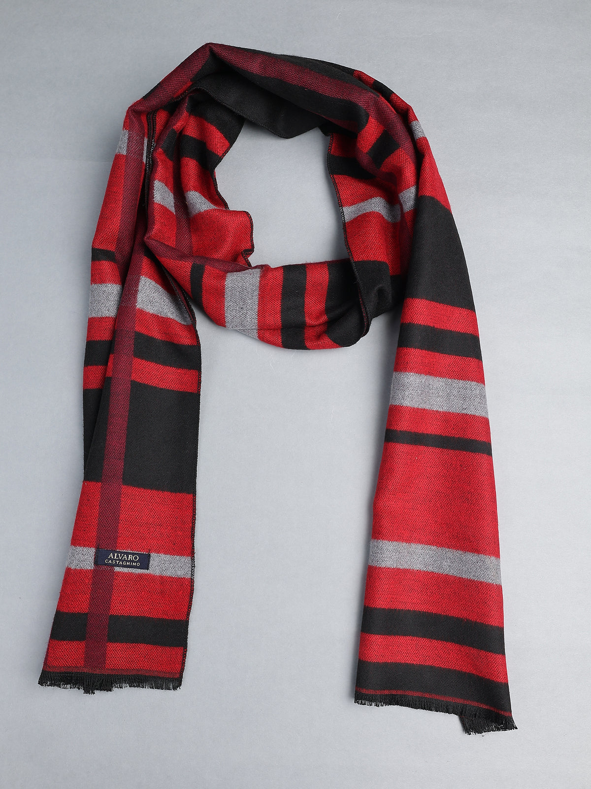 Crimson Red & Black Block Striped Winter Muffler