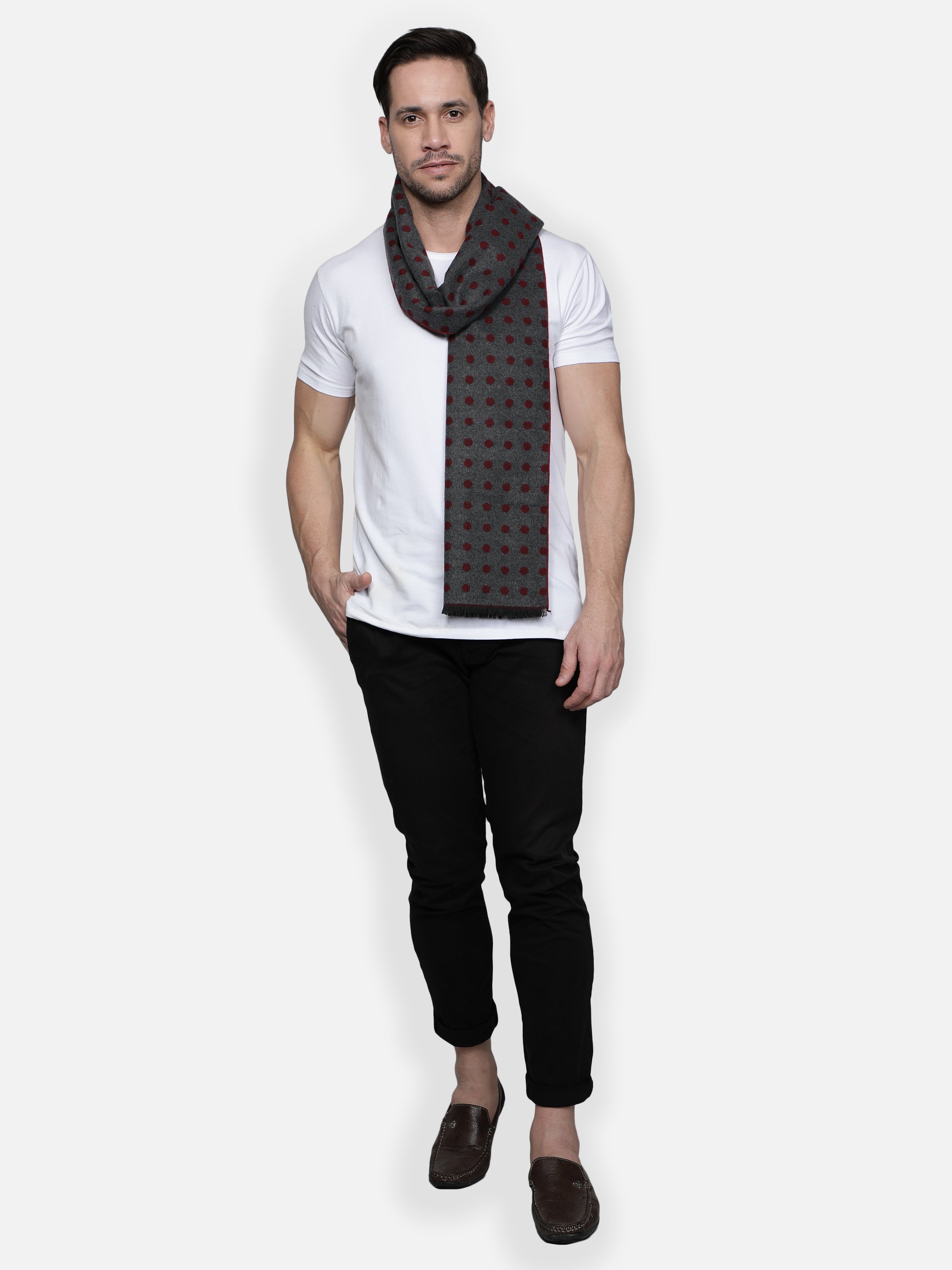 Alvaro Castagnino Men Maroon and Grey Polka Dot Printed Muffler