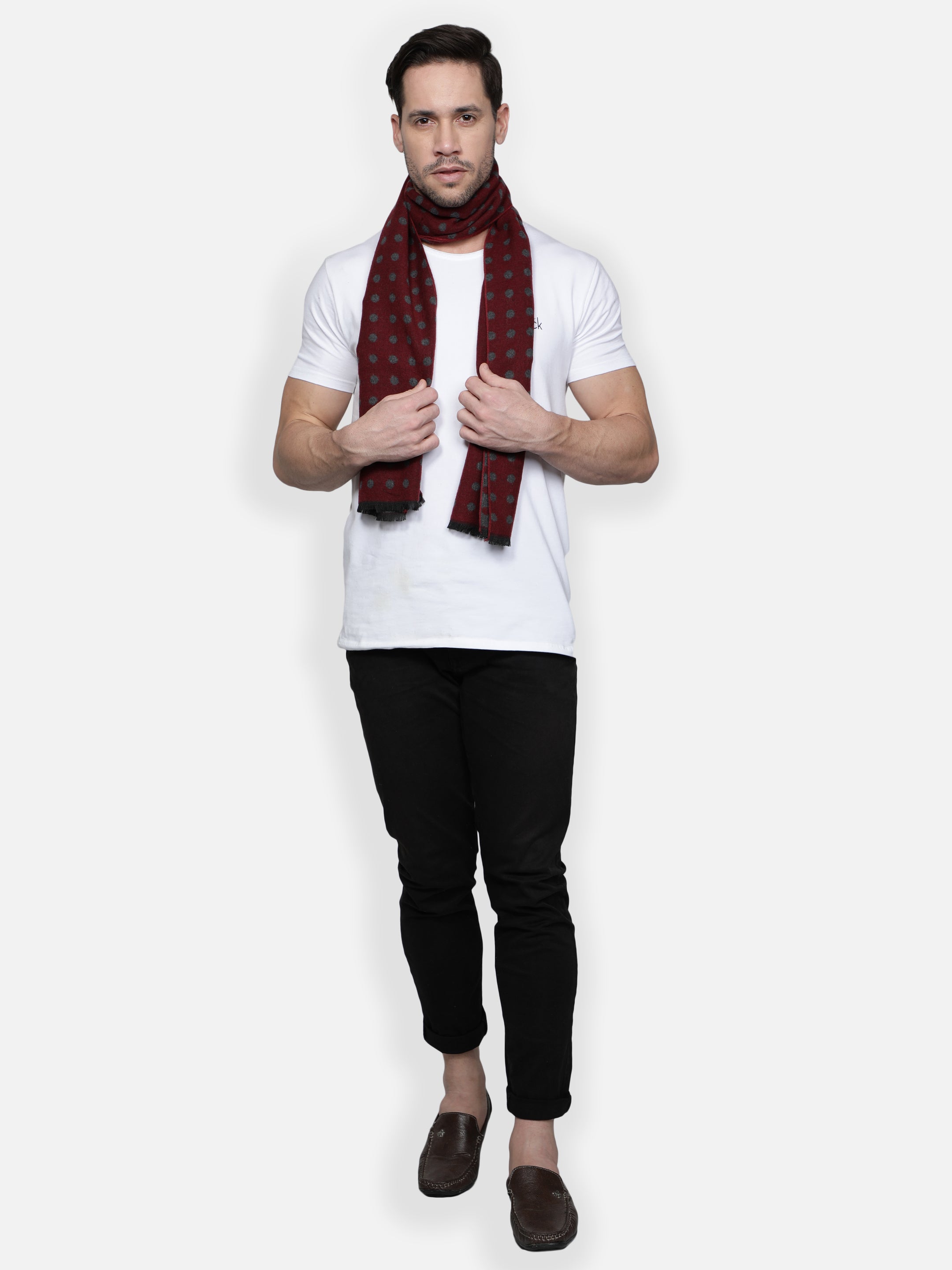Alvaro Castagnino Men Maroon and Grey Polka Dot Printed Muffler