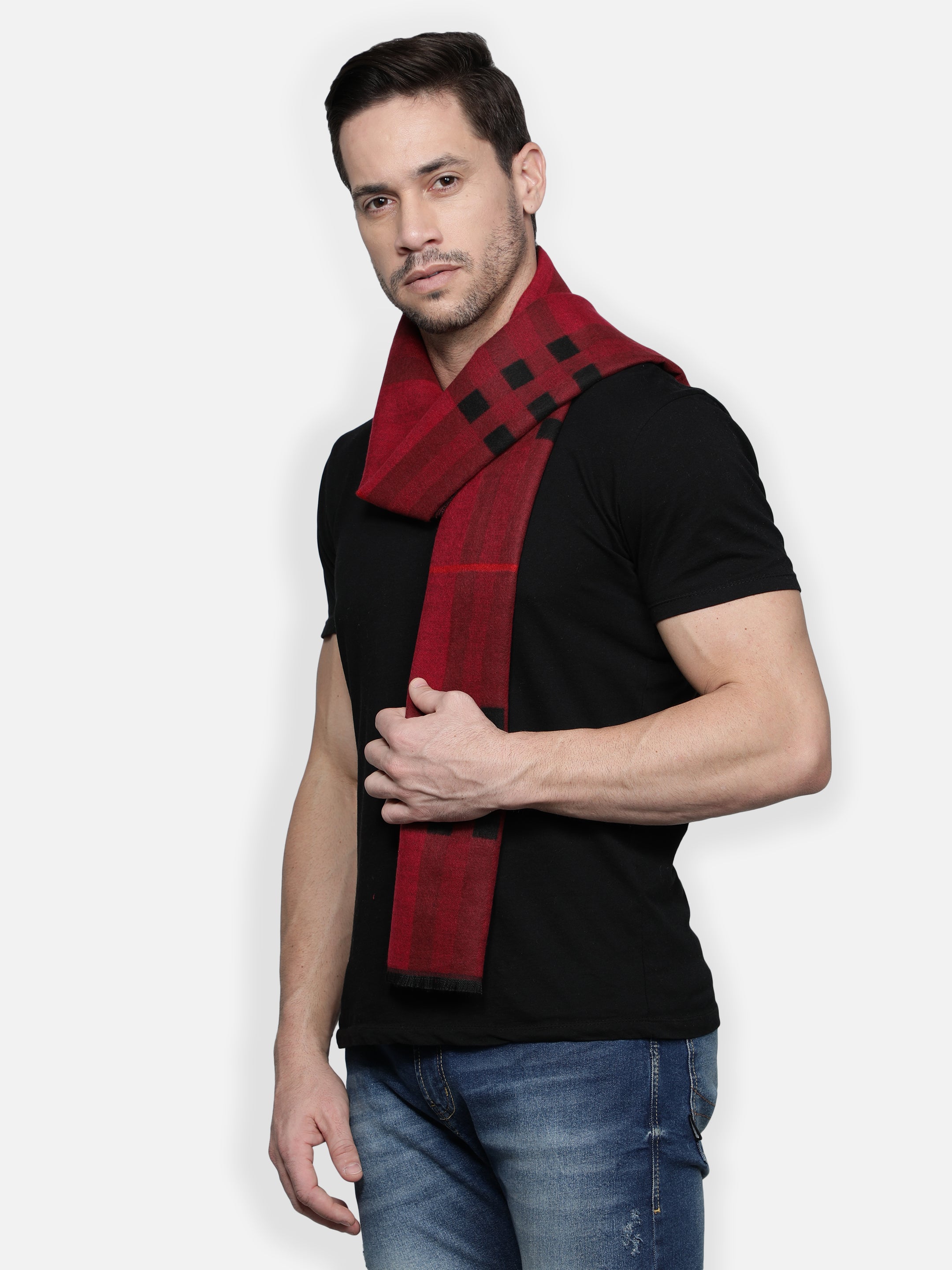 Alvaro Castagnino Men Maroon & Black Checked Muffler