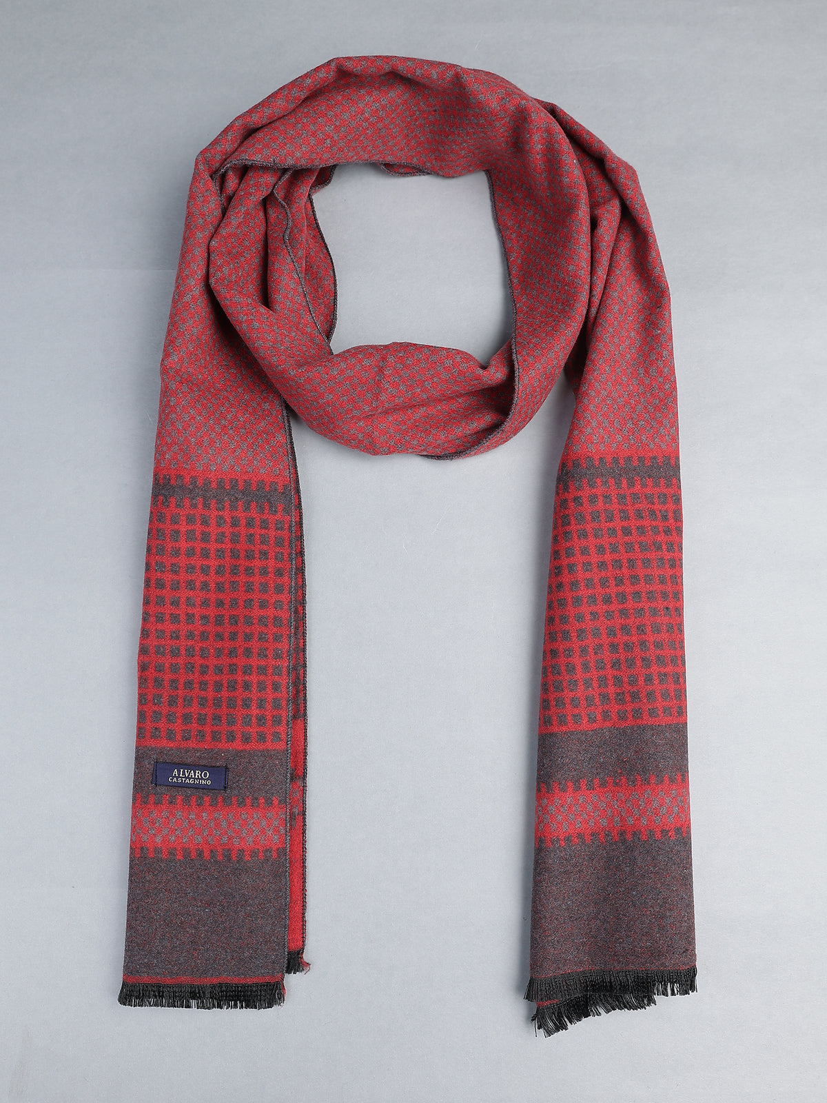 Crimson Red & Charcoal Geometric Micro-Pattern Winter Muffler