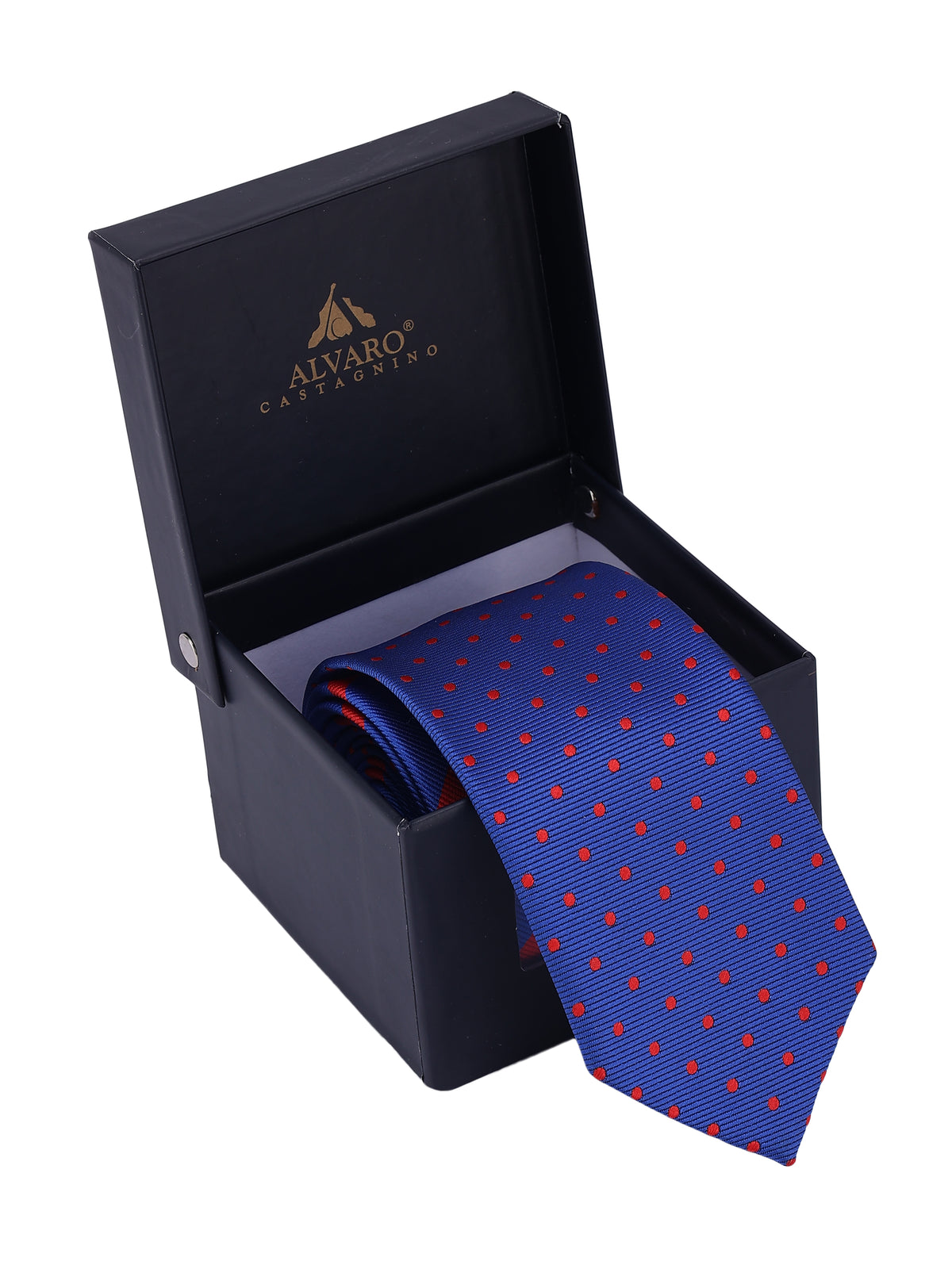 Royal Blue Dual-Pattern Red Stripes and Polka Dots Necktie