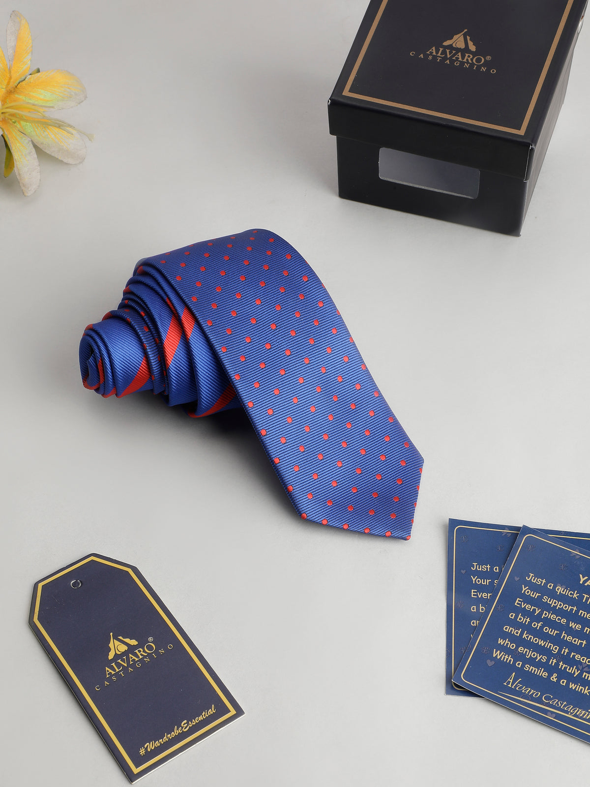 Royal Blue Dual-Pattern Red Stripes and Polka Dots Necktie