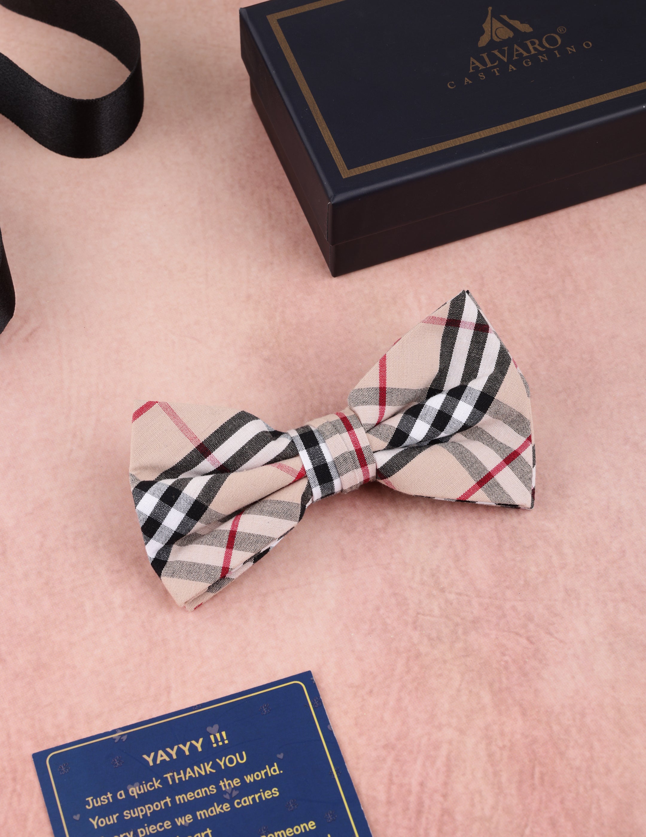 Classic Beige Tartan Plaid Bow Tie