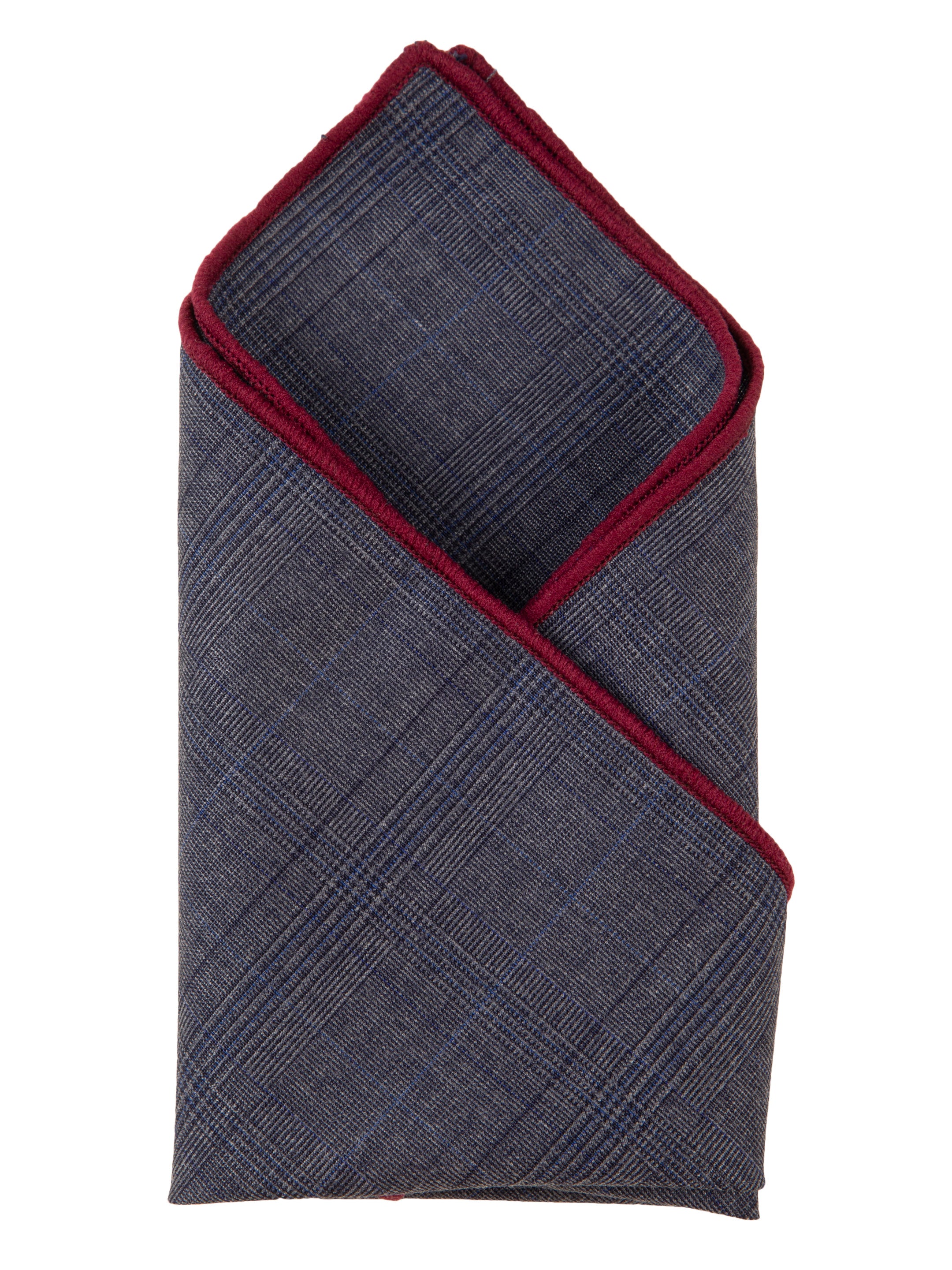 Grey Checked Cotton Pocket Square with Maroon Border