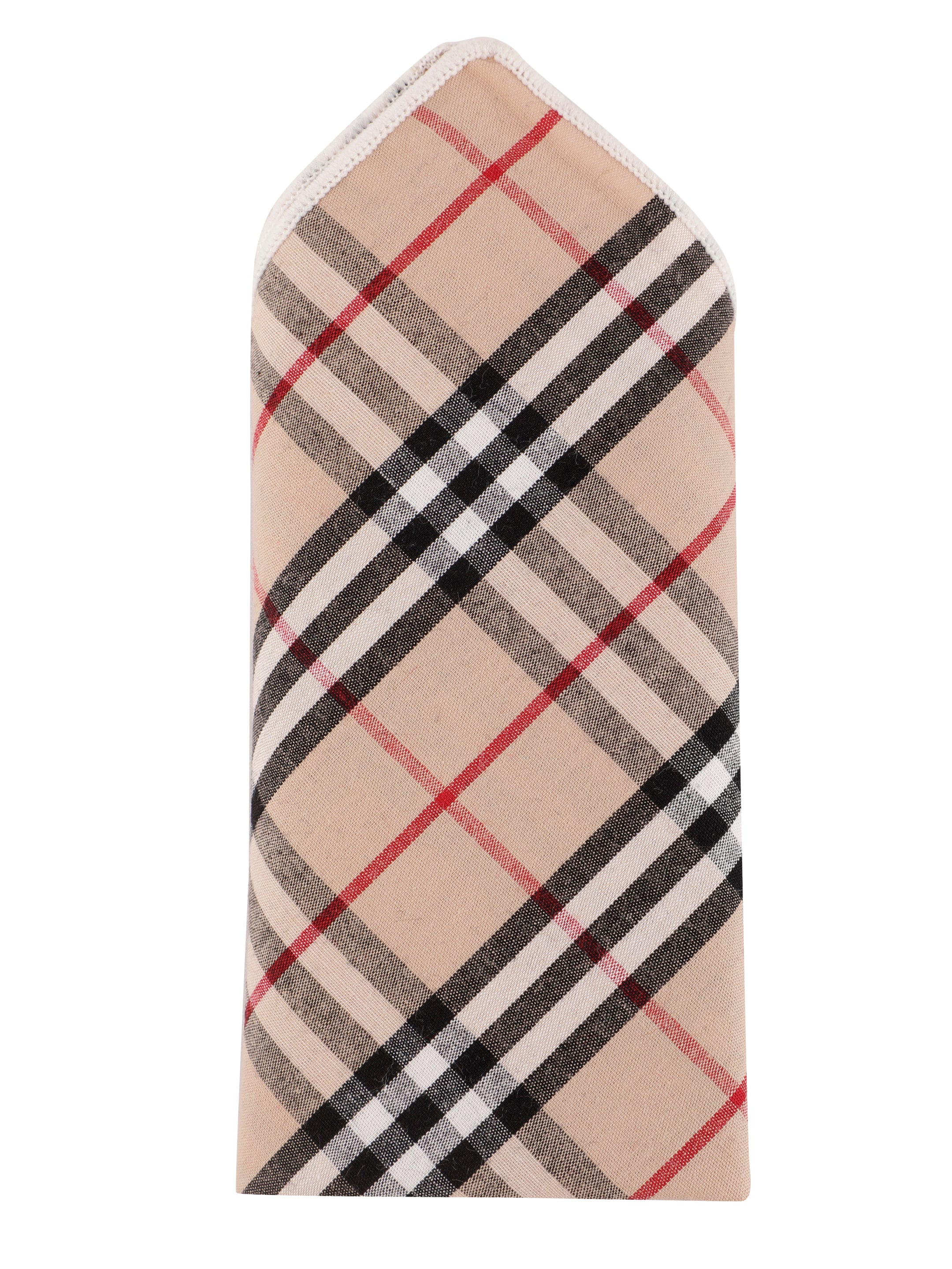 Beige & Crimson Plaid Cotton Pocket Square
