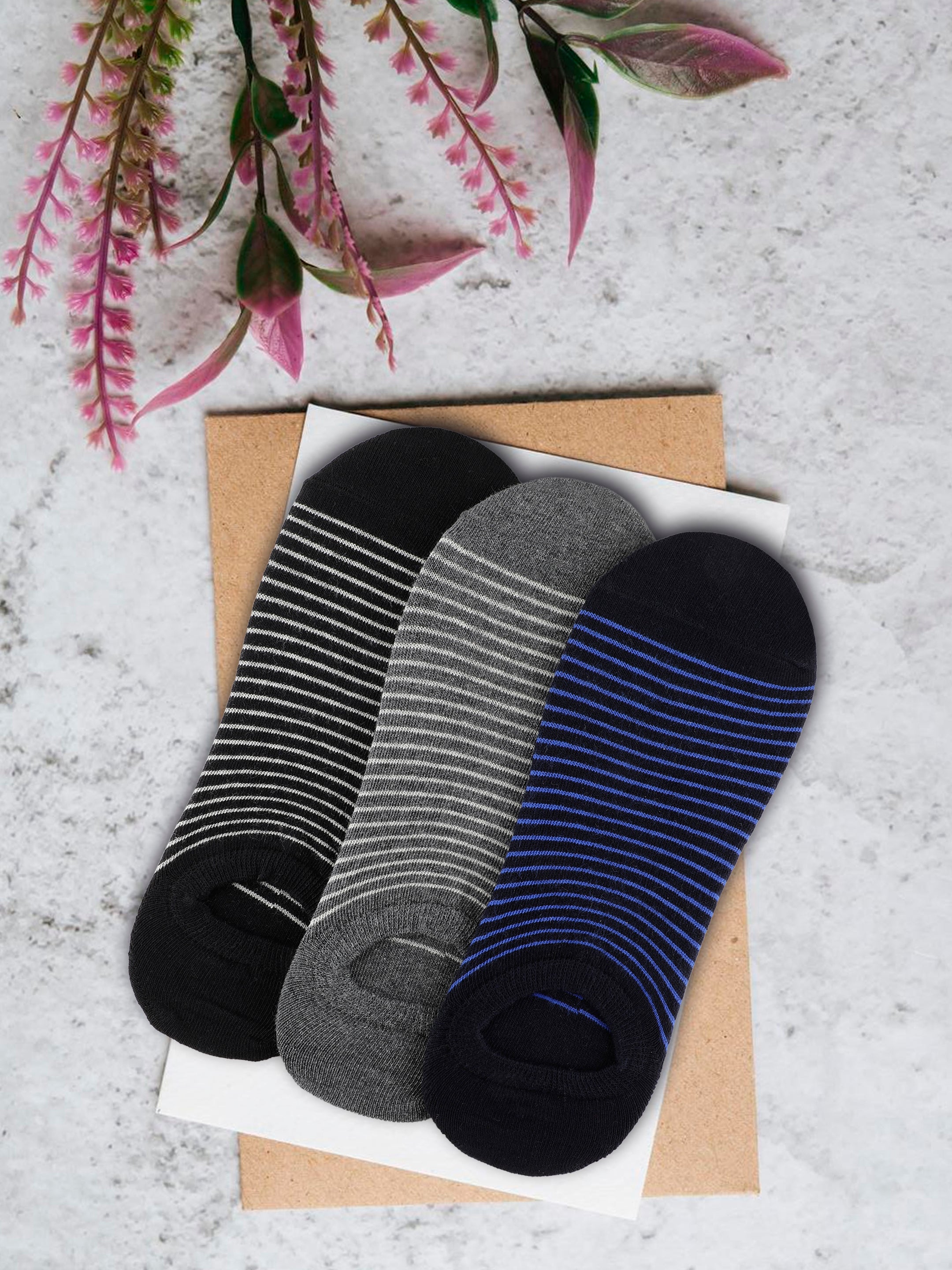 Alvaro Castagnino Men Black & Grey Coloured Striped Shoe Liners Socks