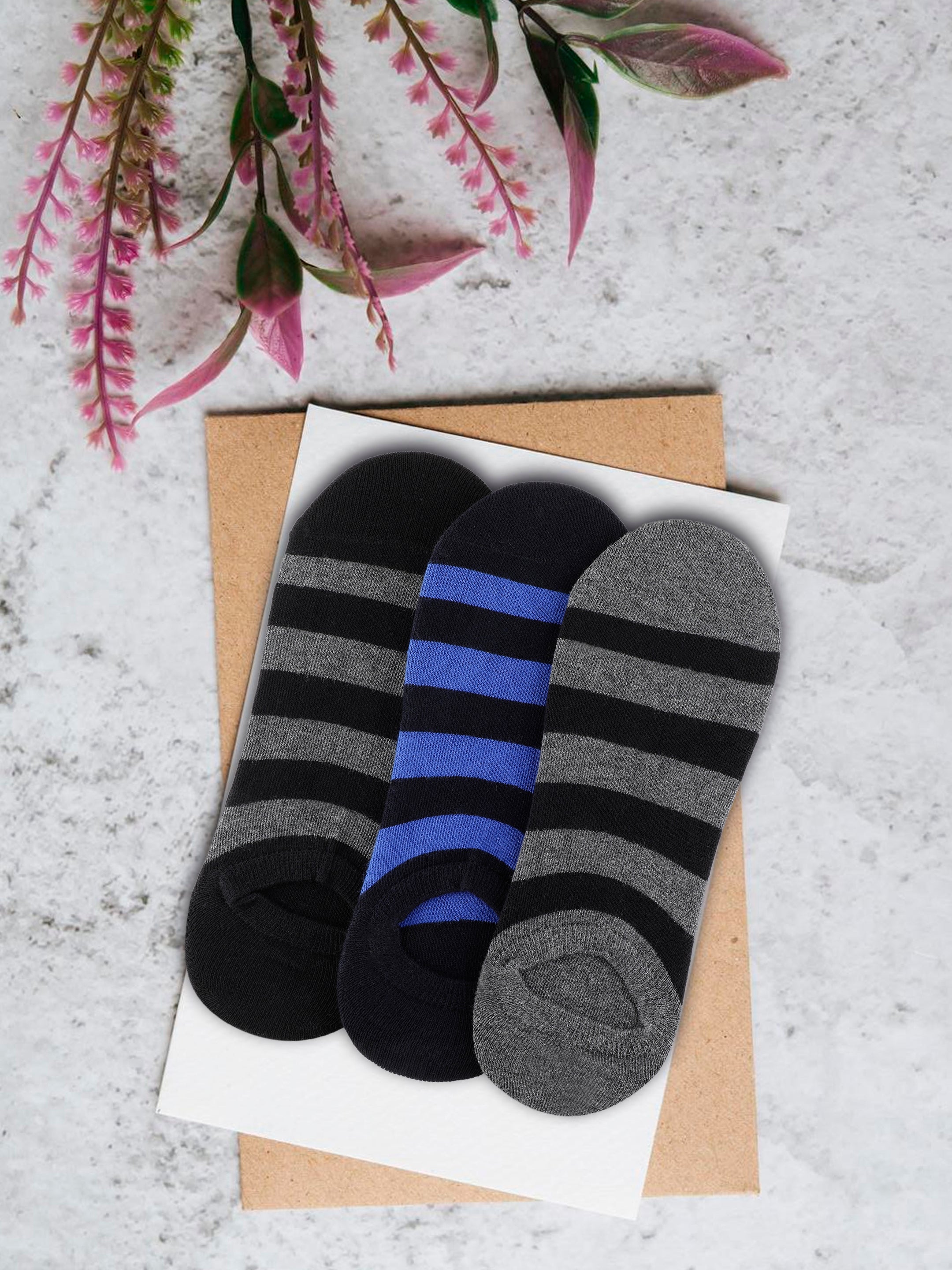 Alvaro Castagnino Men Black & Grey Coloured Striped Shoe Liners Socks