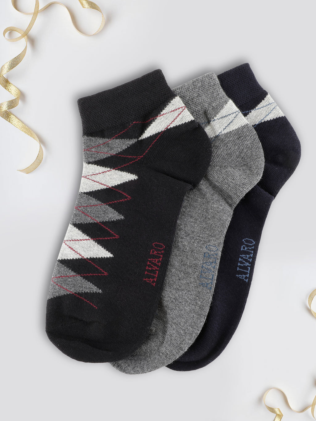Alvaro Castagnino Men Black Grey & Blue Coloured Ankle-Length Socks