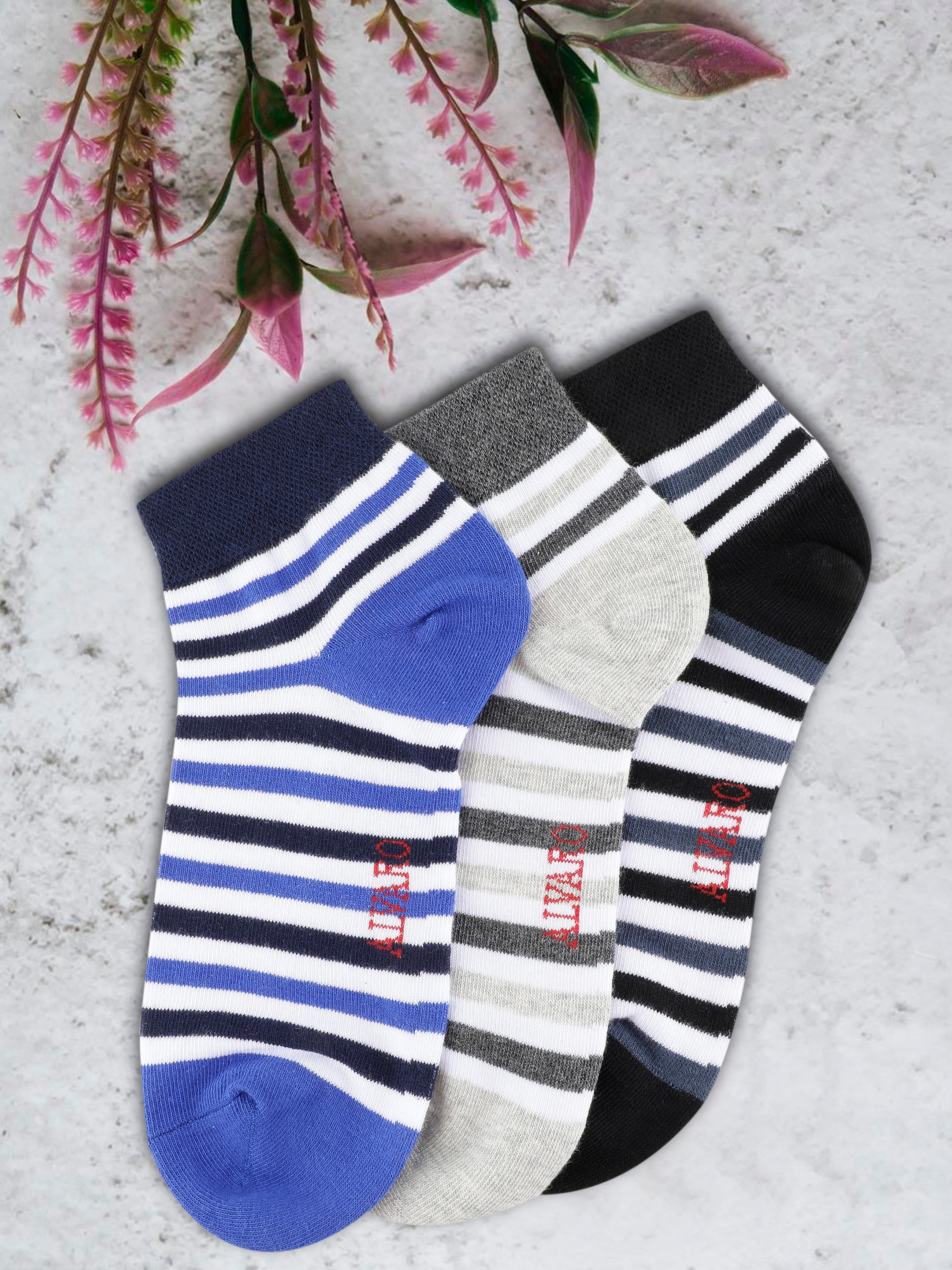 Alvaro Castagnino Men Black Grey & Blue Coloured Striped Ankle-Length Socks