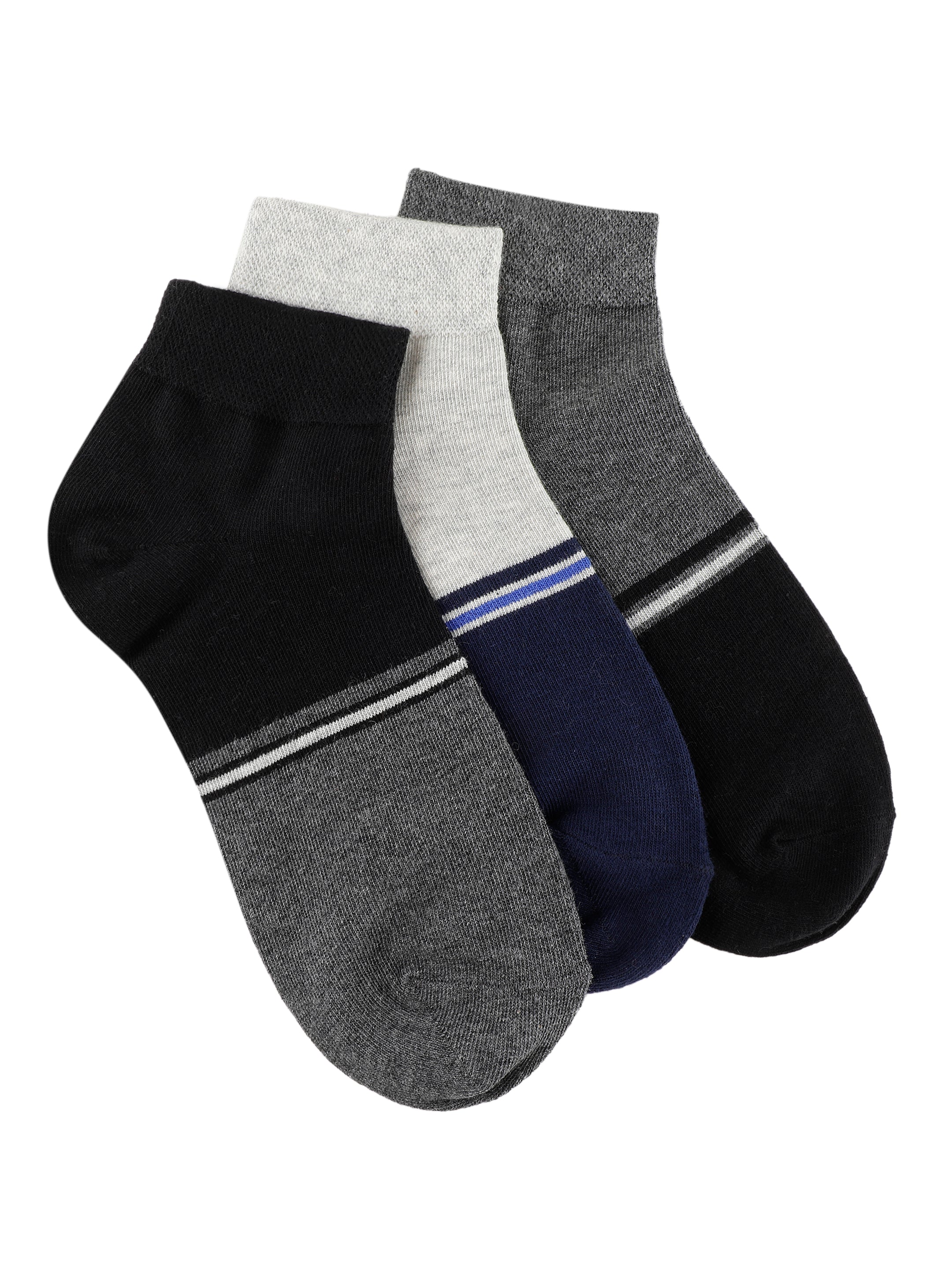 Grey, Navy & White Stripe Accented Ankle Socks