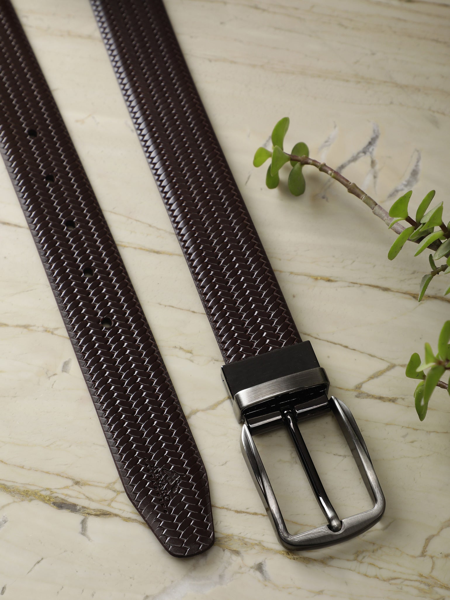 Brown & Tan Reversible Basket Weave Leather Belt