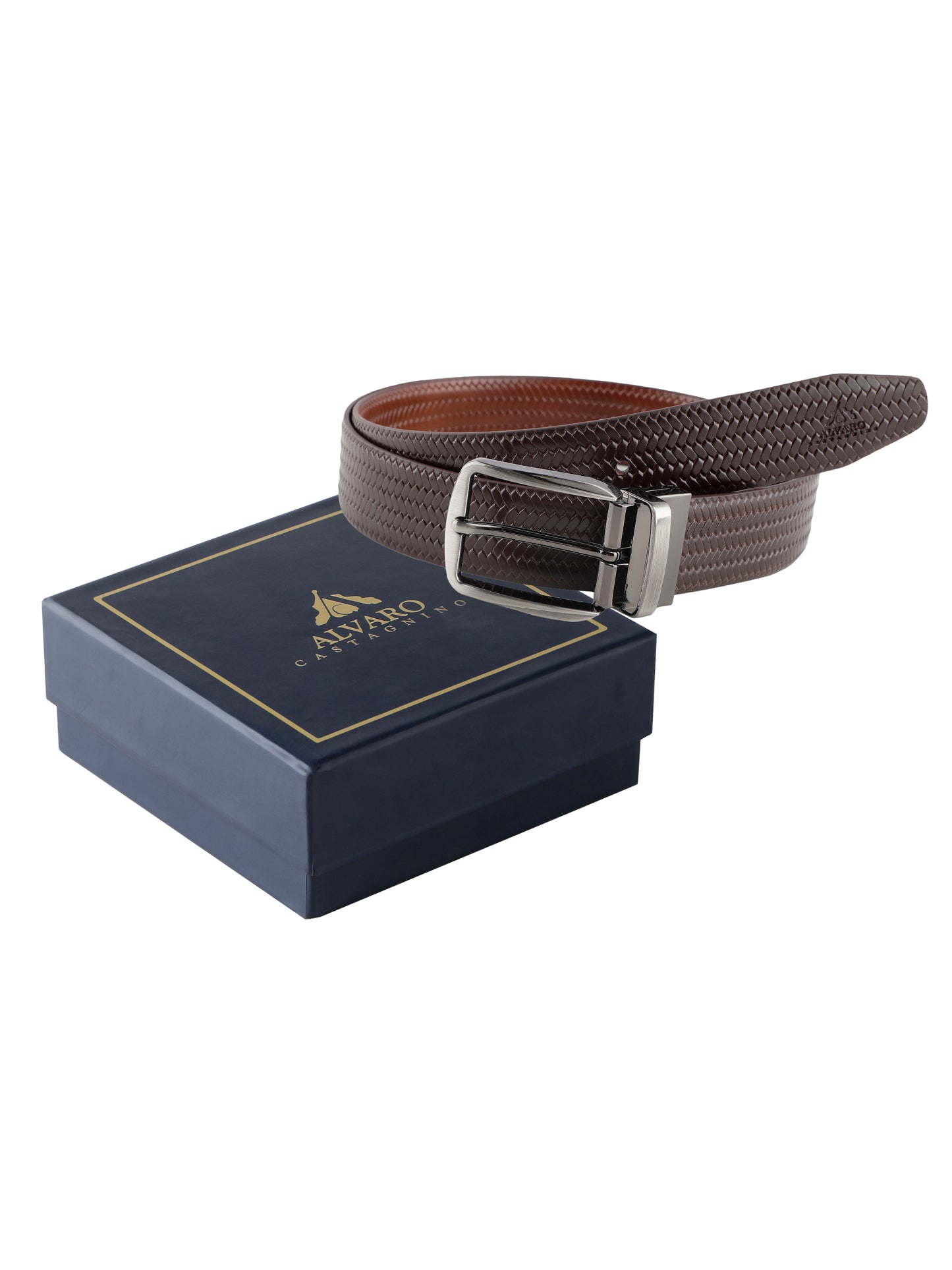 Alvaro Castagnino Men Brown & Tan Textured Leather Formal Reversible Belt