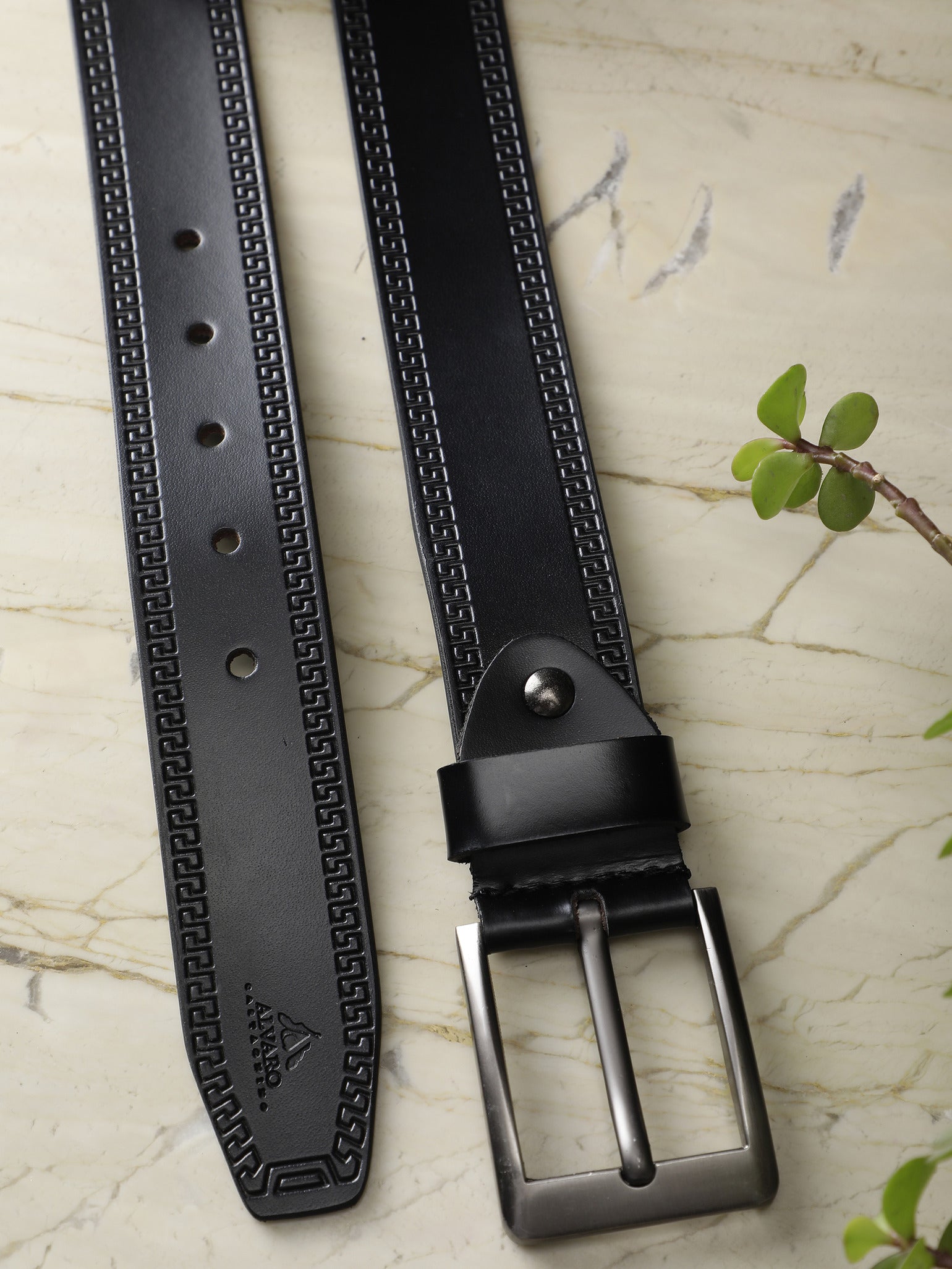 Greek Key Black Embossed Leather Belt