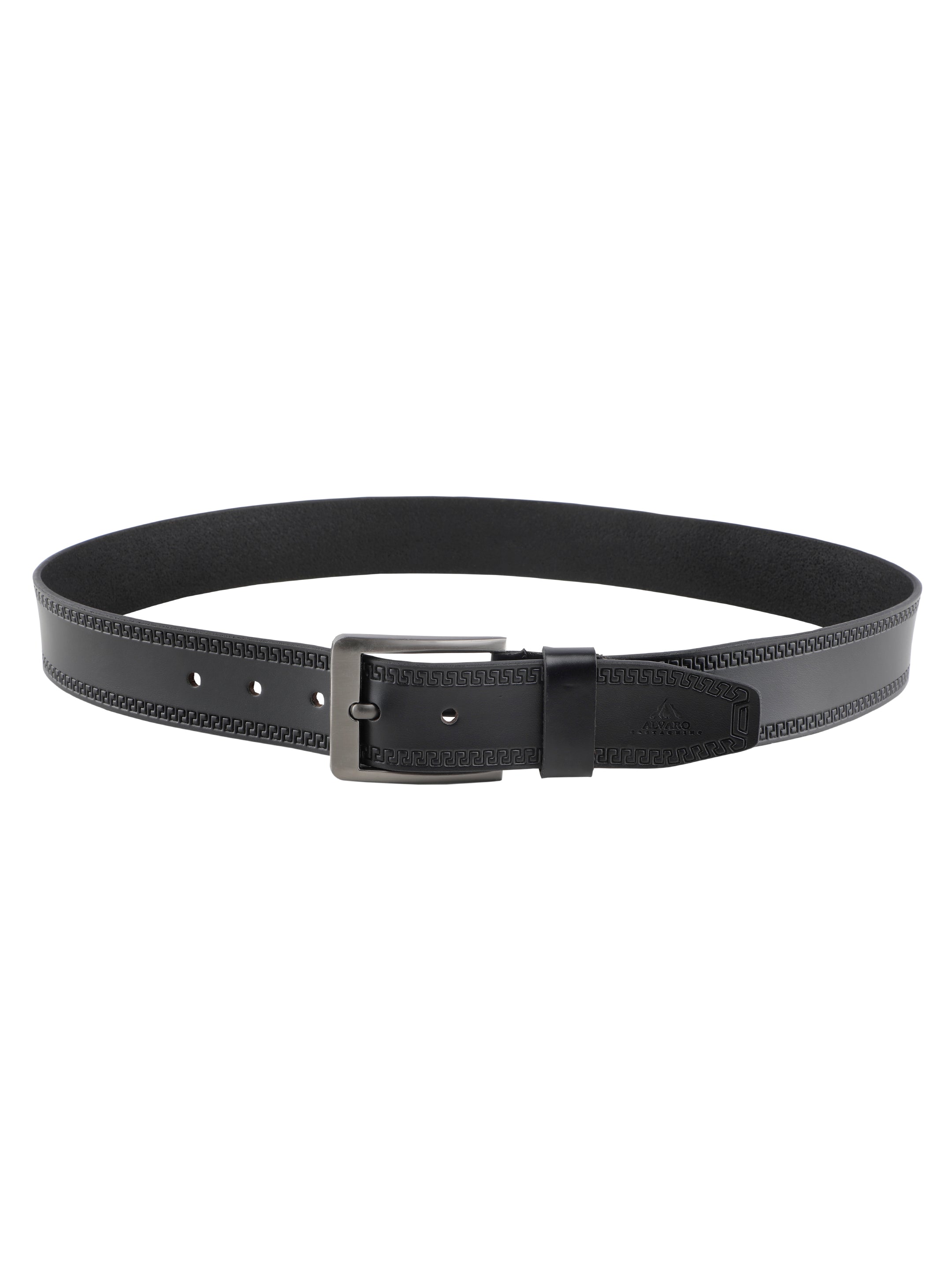 Greek Key Black Embossed Leather Belt