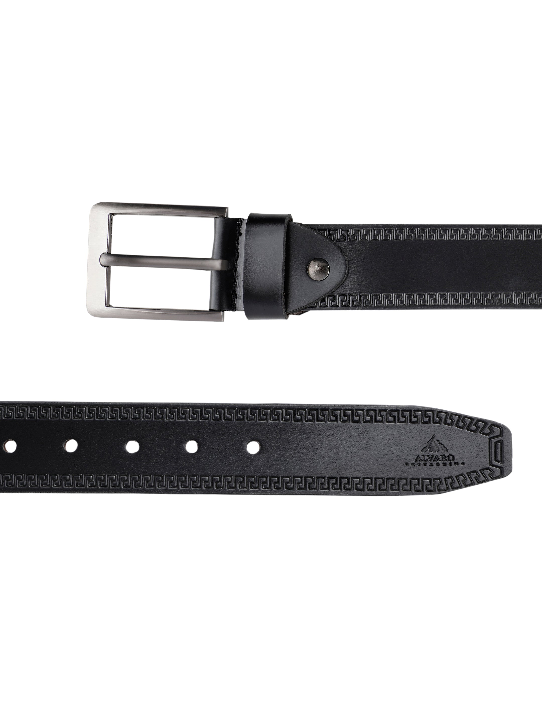 Greek Key Black Embossed Leather Belt
