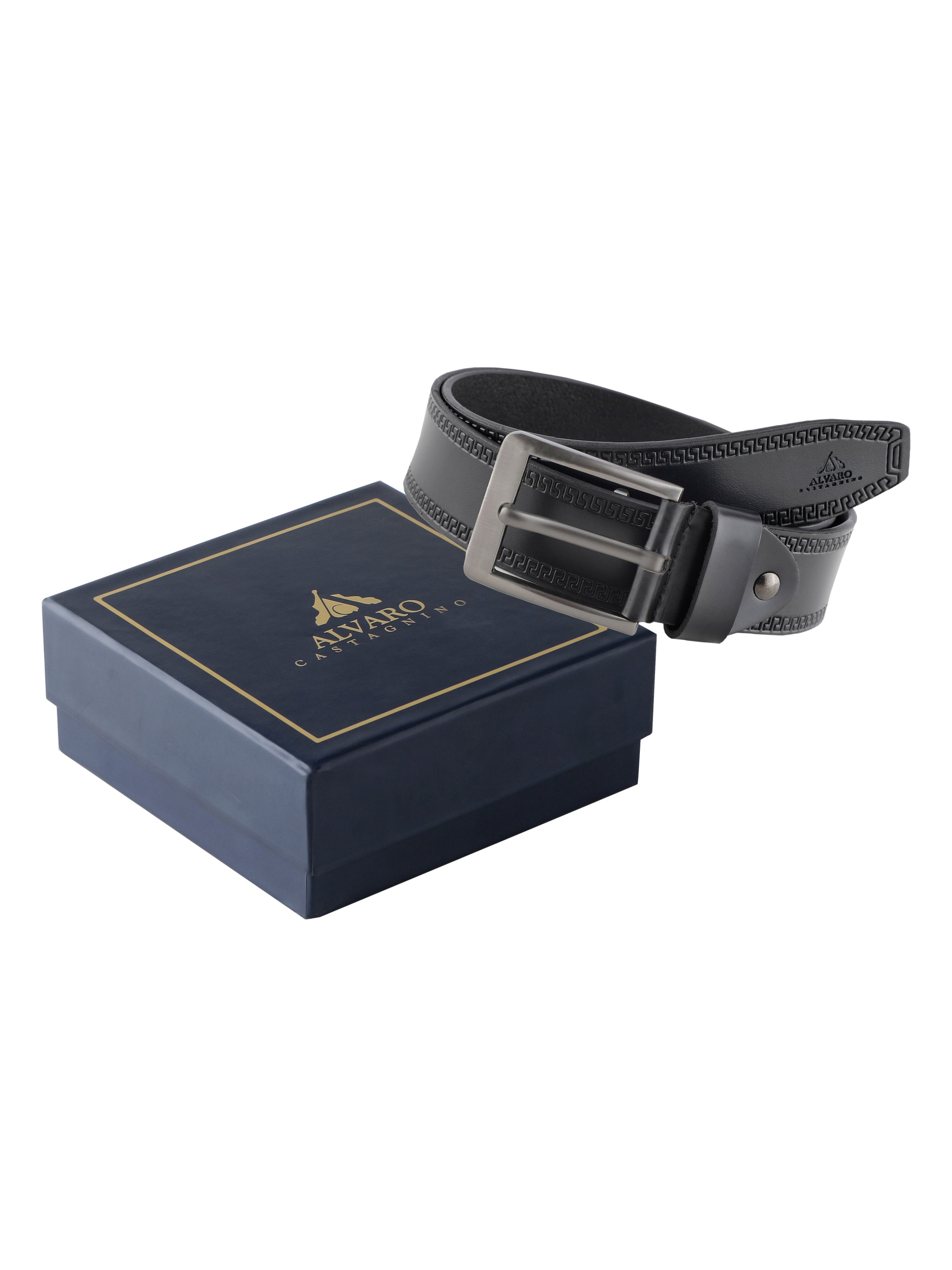 Greek Key Black Embossed Leather Belt