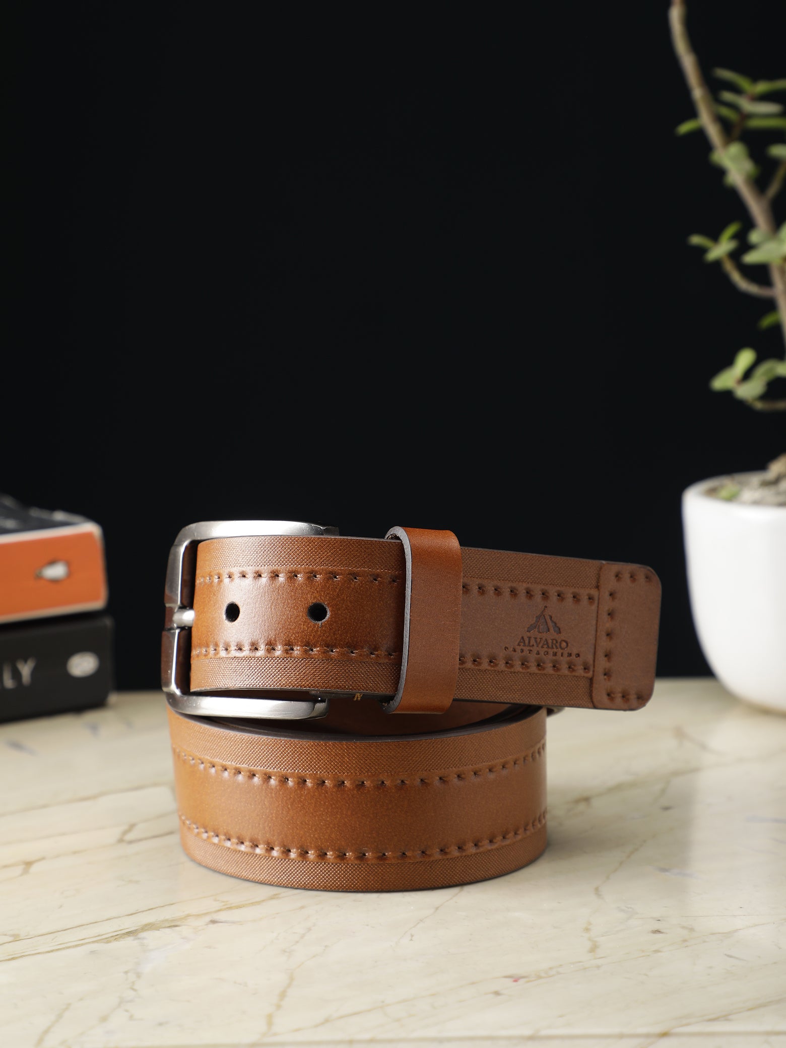 Tan Double Stitched Leather Belt