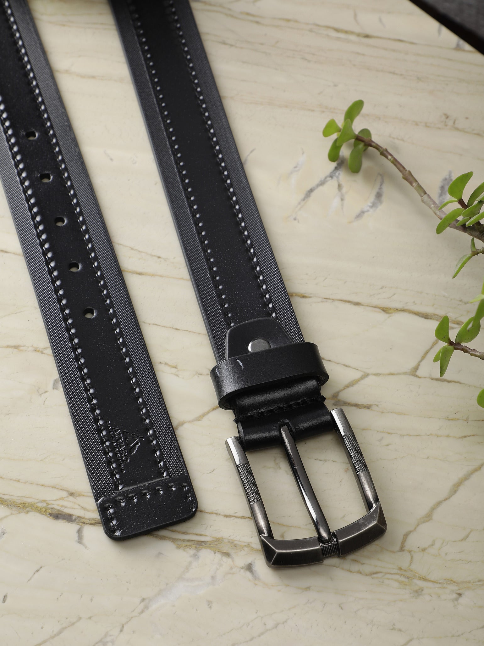 Embossed Borders Black Striped Leather Belt