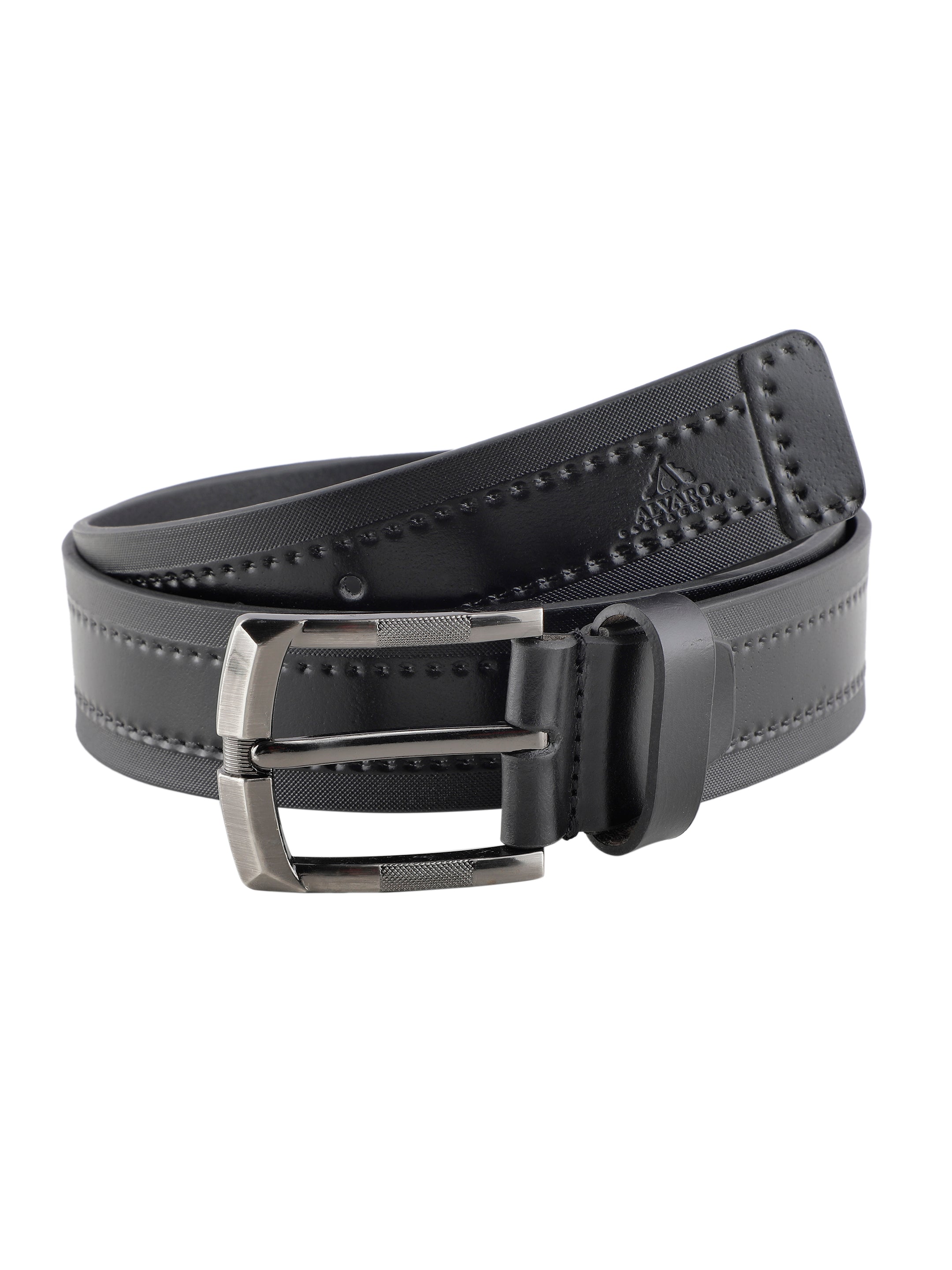 Embossed Borders Black Striped Leather Belt