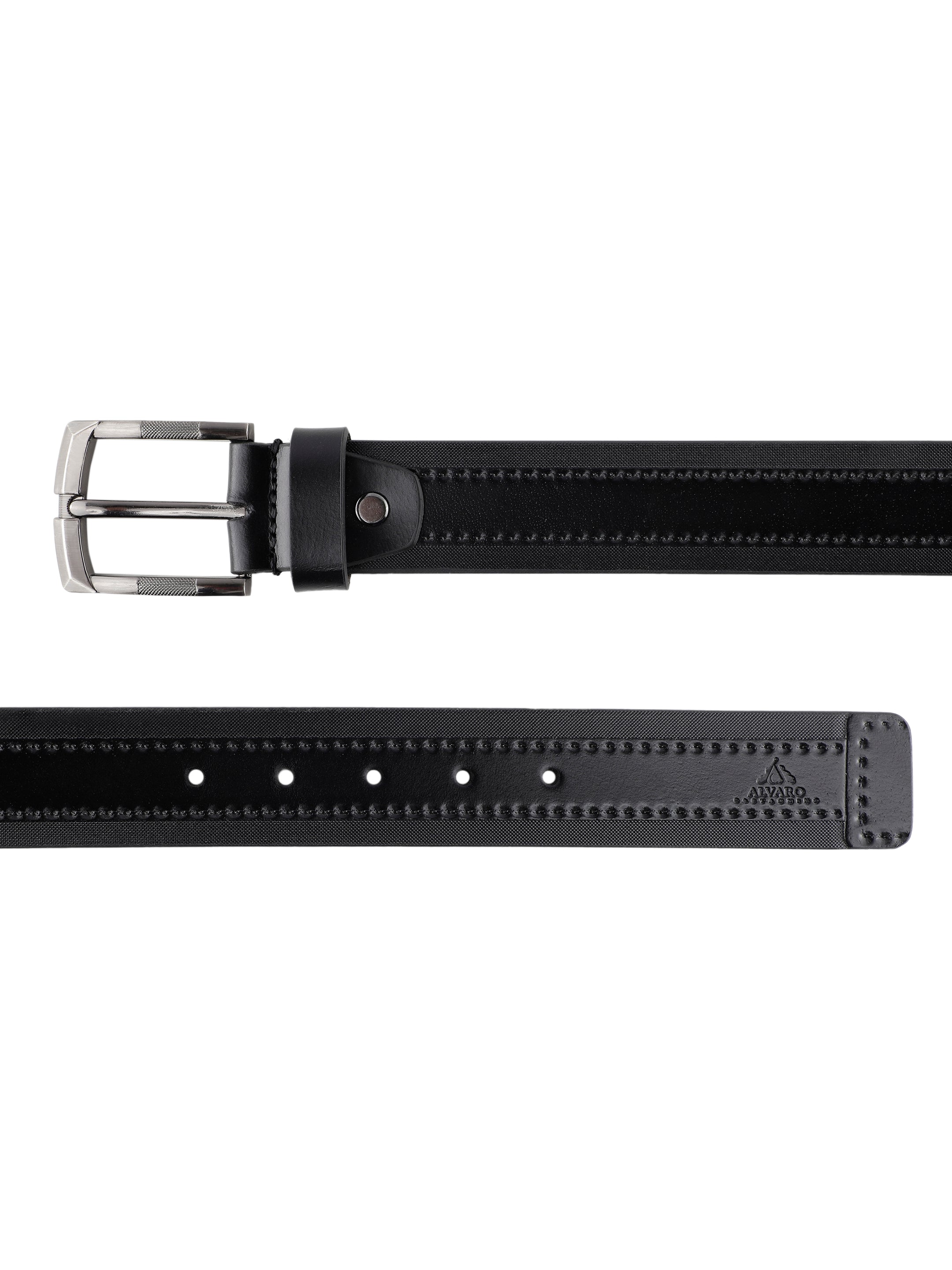 Embossed Borders Black Striped Leather Belt