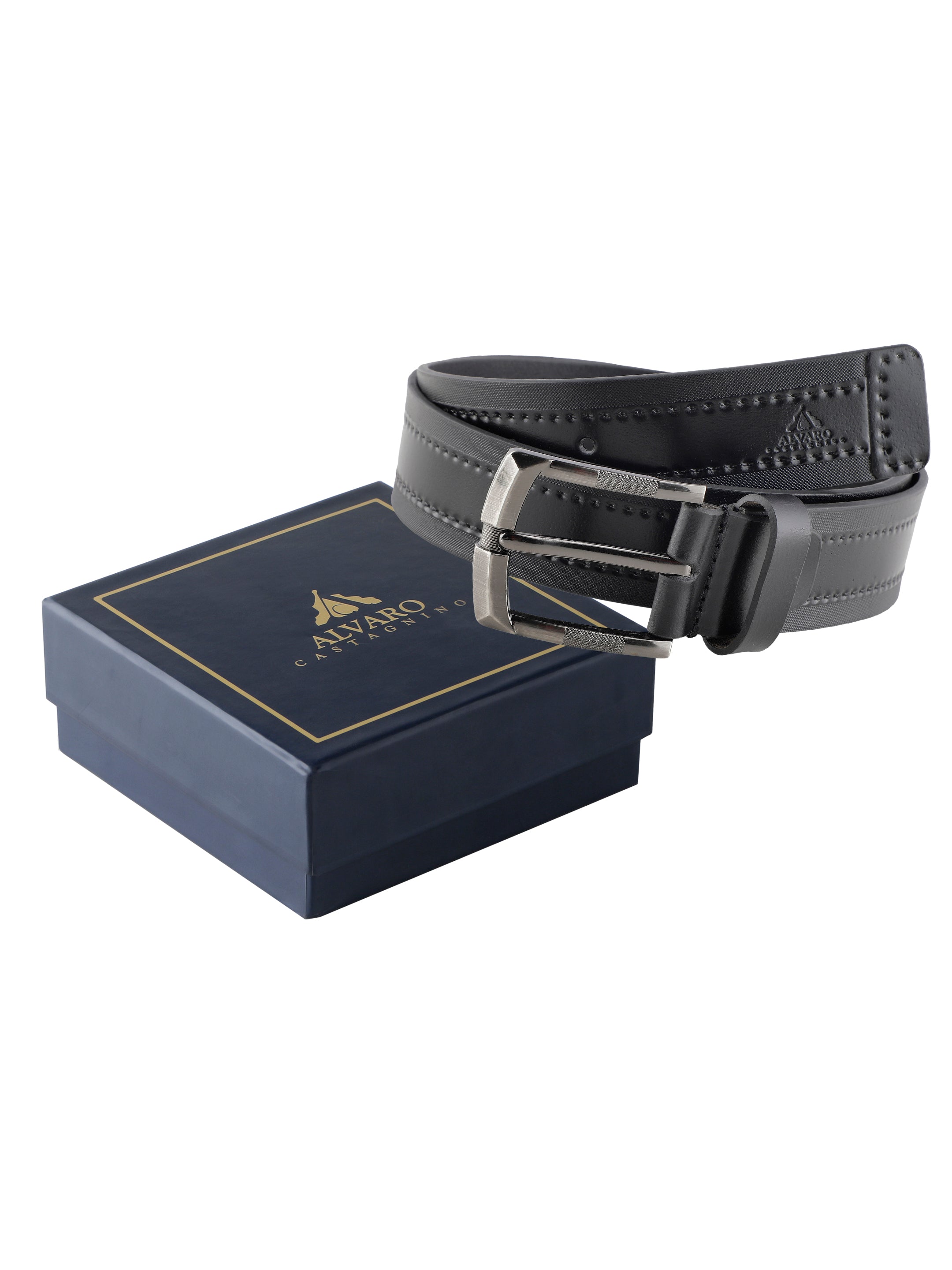 Embossed Borders Black Striped Leather Belt