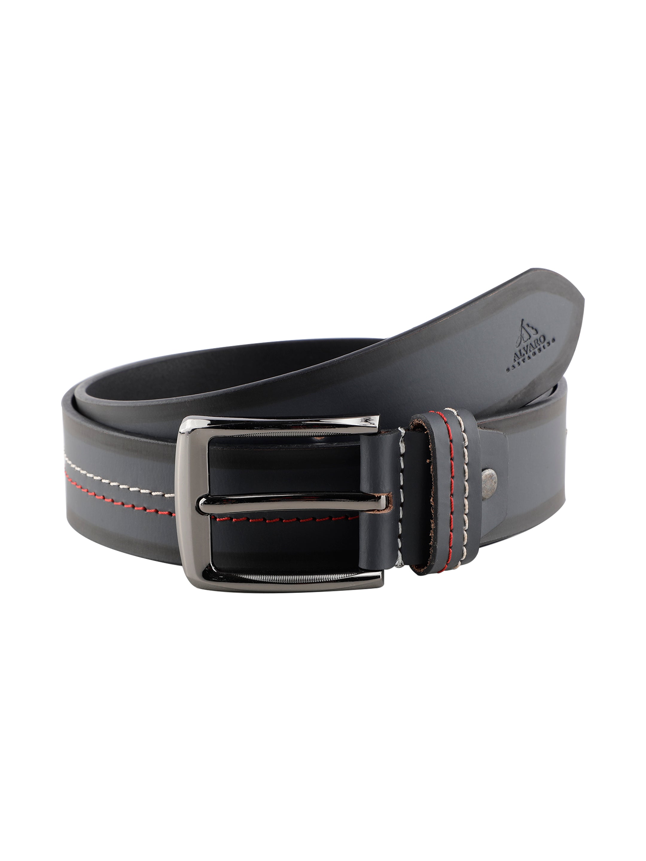 Contrast Stitched Grey Striped Leather Belt 