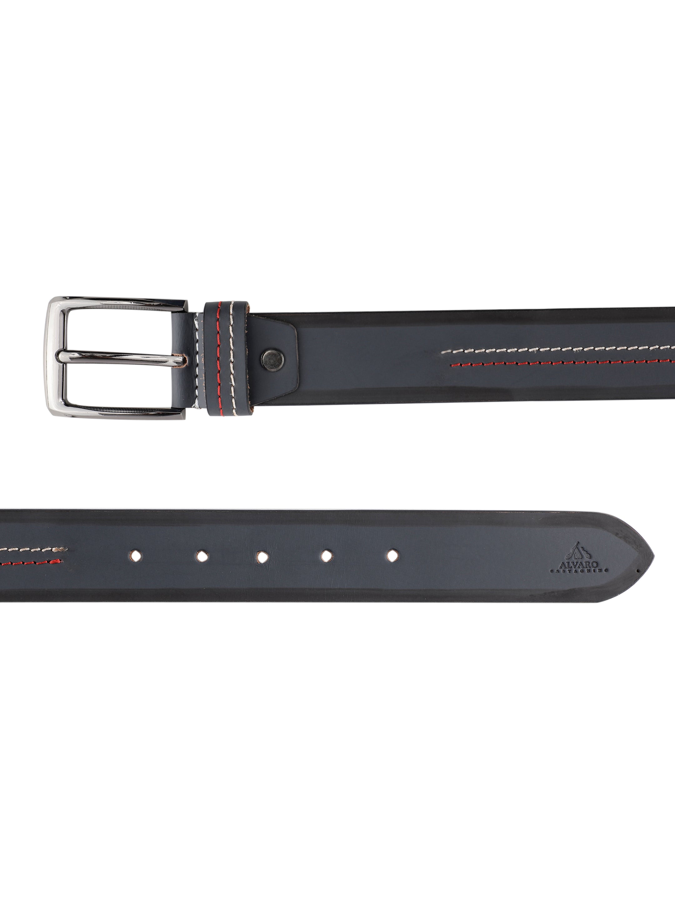 Contrast Stitched Grey Striped Leather Belt 
