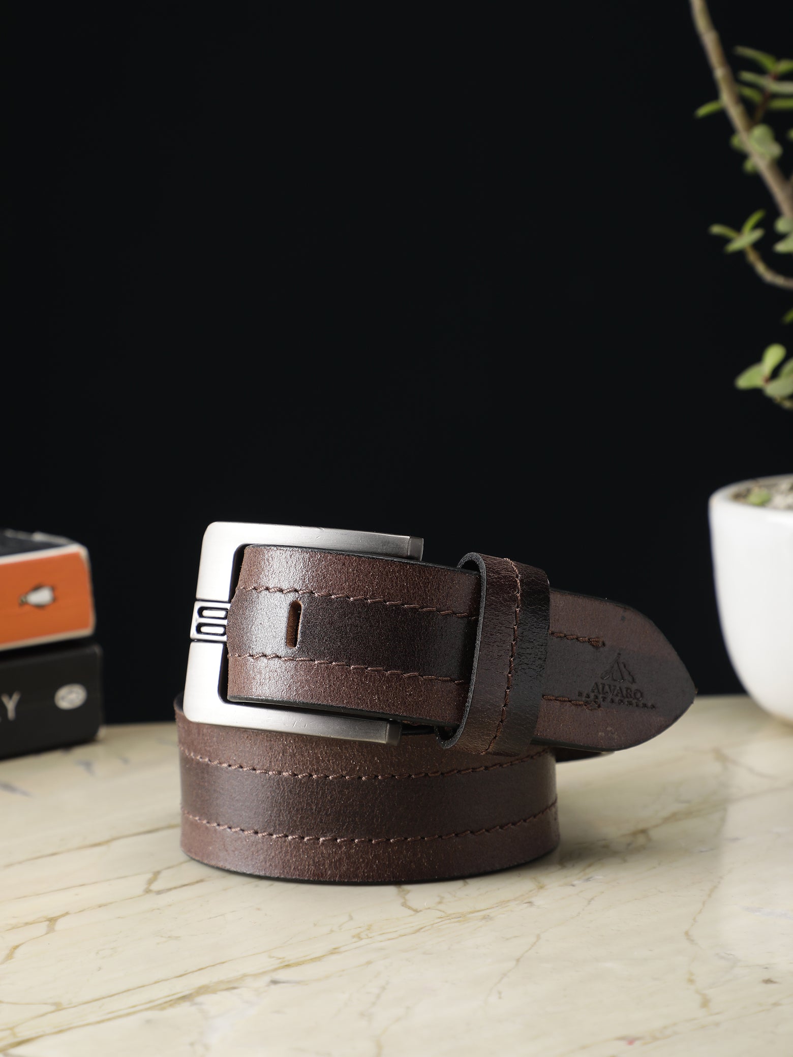 Brown & Mahogany  Striped Leather Belt 
