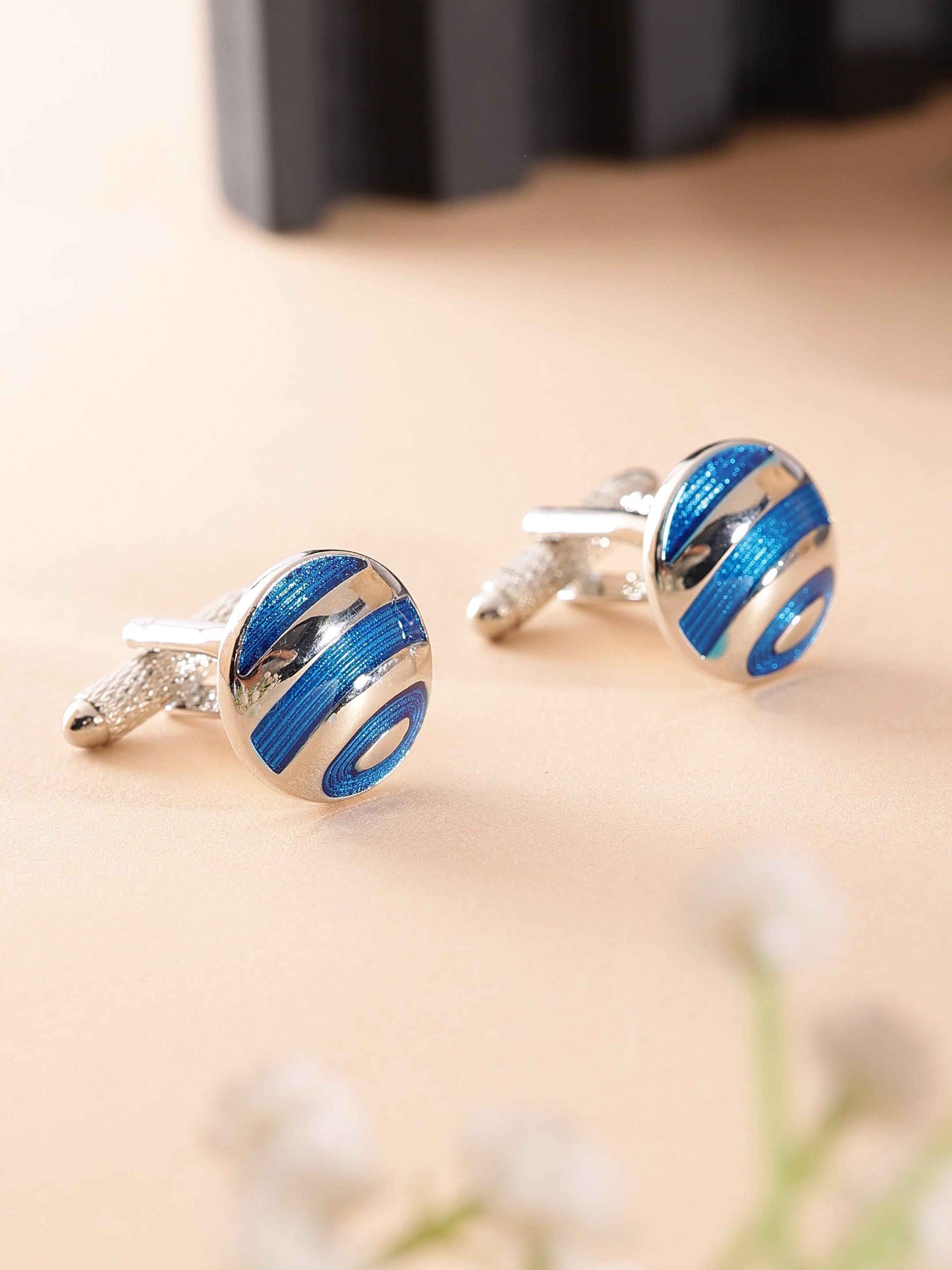 Silver & Blue Enamel Round Cufflink