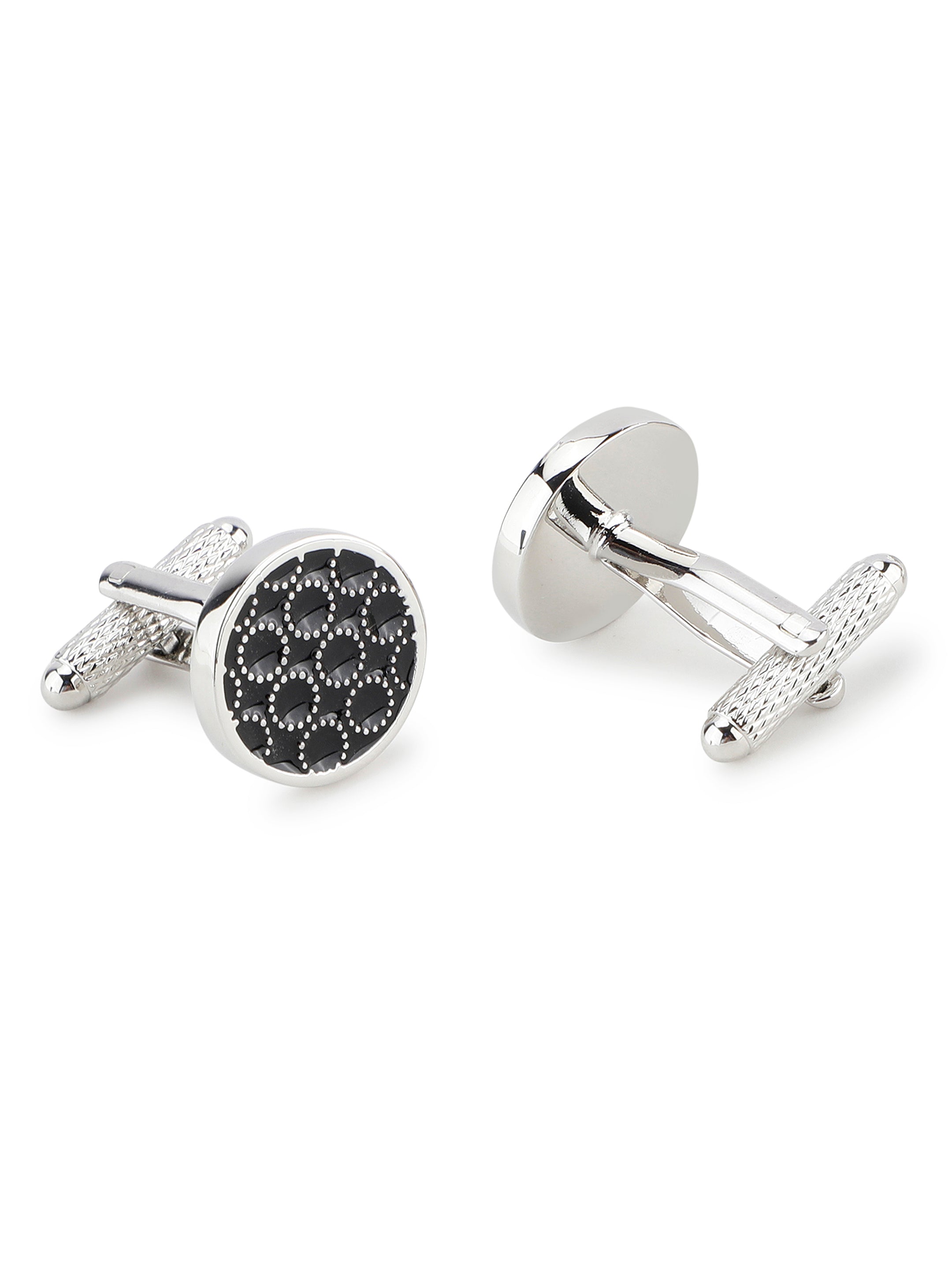 Silver & Black Patterned Round Cufflink