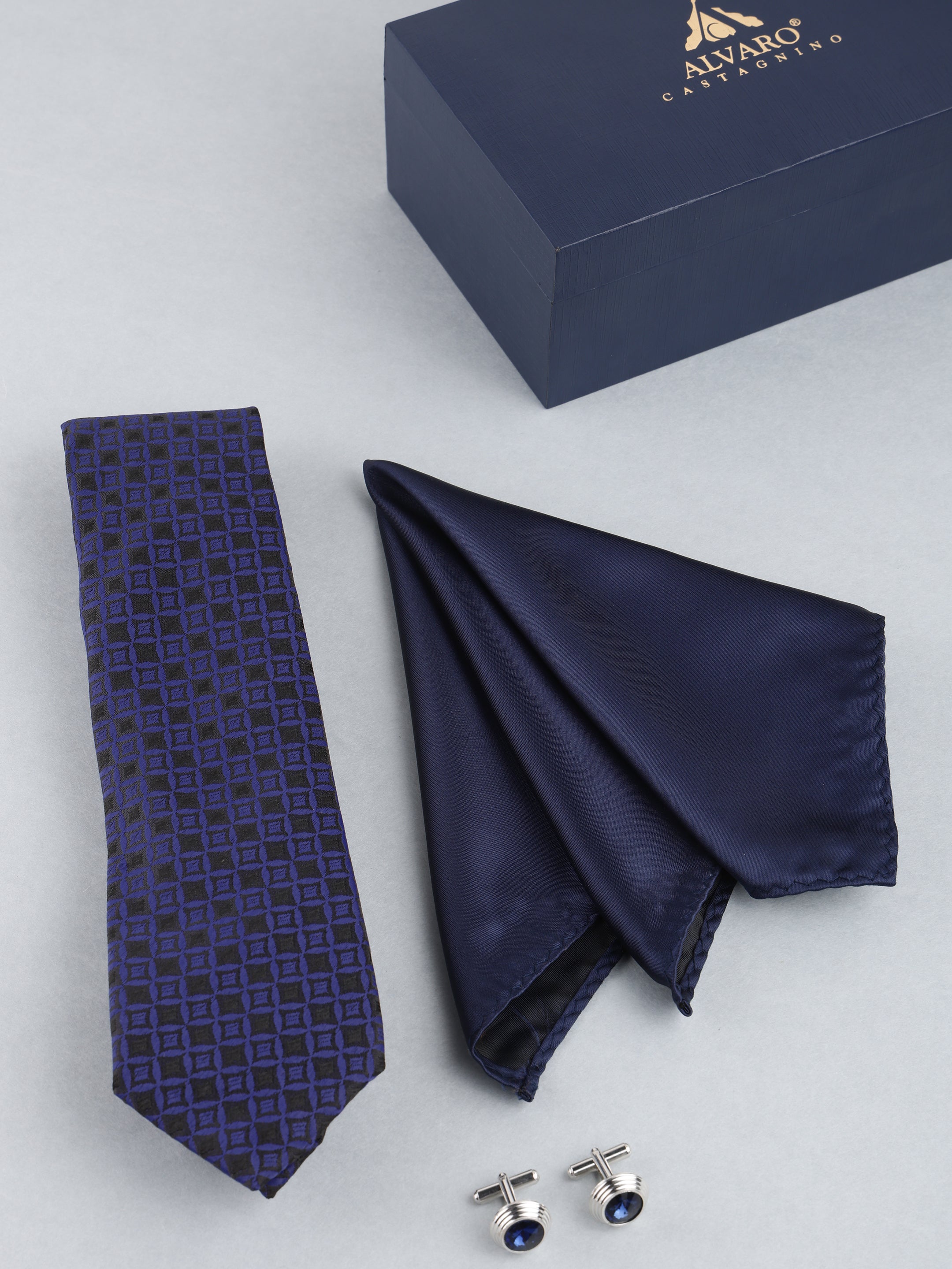 Blue Framed Diamond Necktie Gift Set