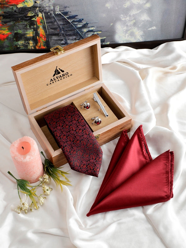 Alvaro Castagnino Men Black & Maroon Set Of 4 Accessory Gift Set