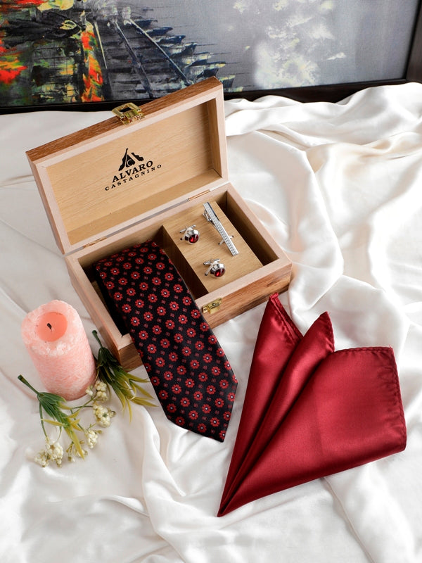 Alvaro Castagnino Men Black & Maroon Set Of 4 Accessory Gift Set