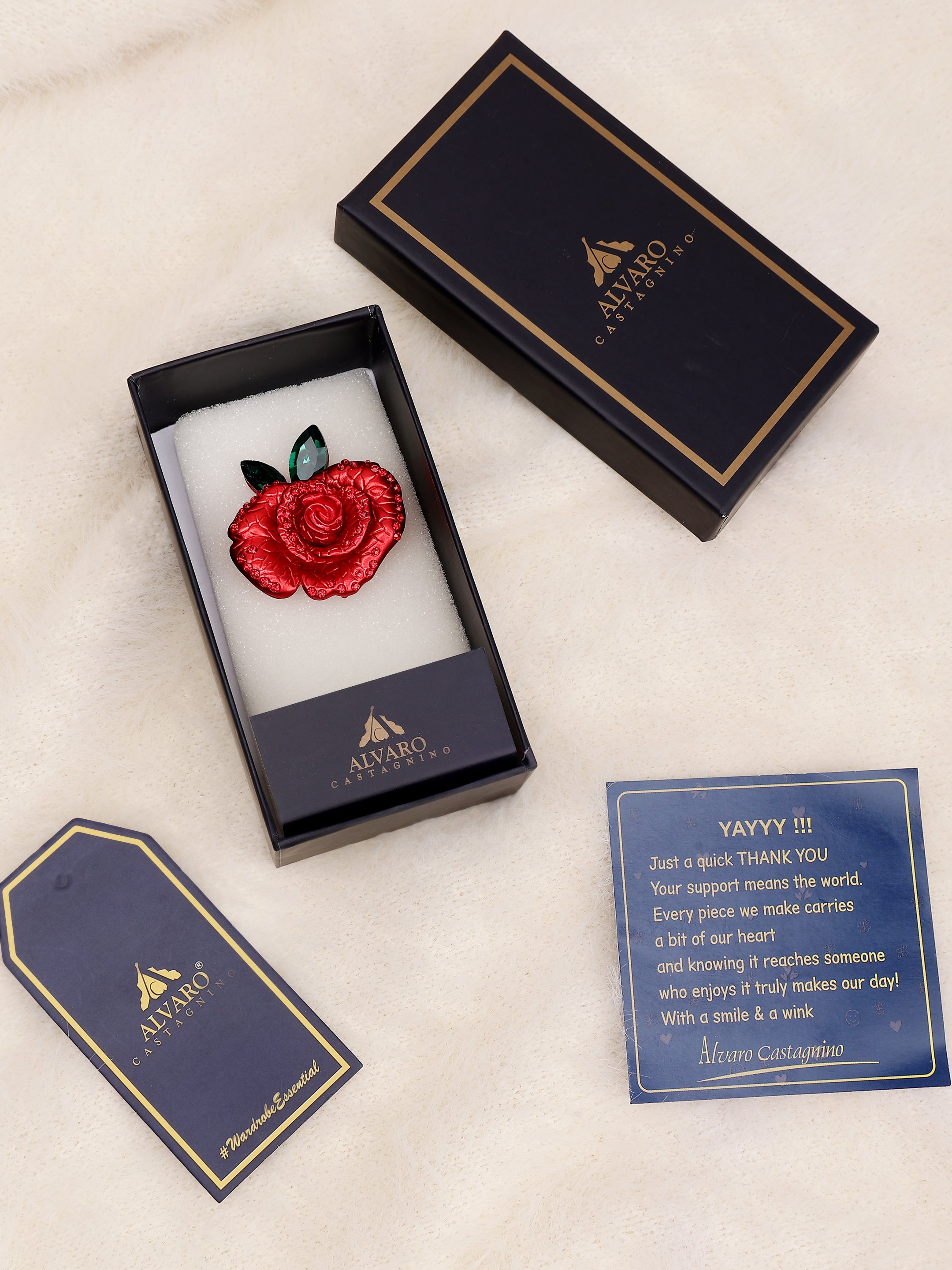 Red Rose & Emerald Crystal Brooch