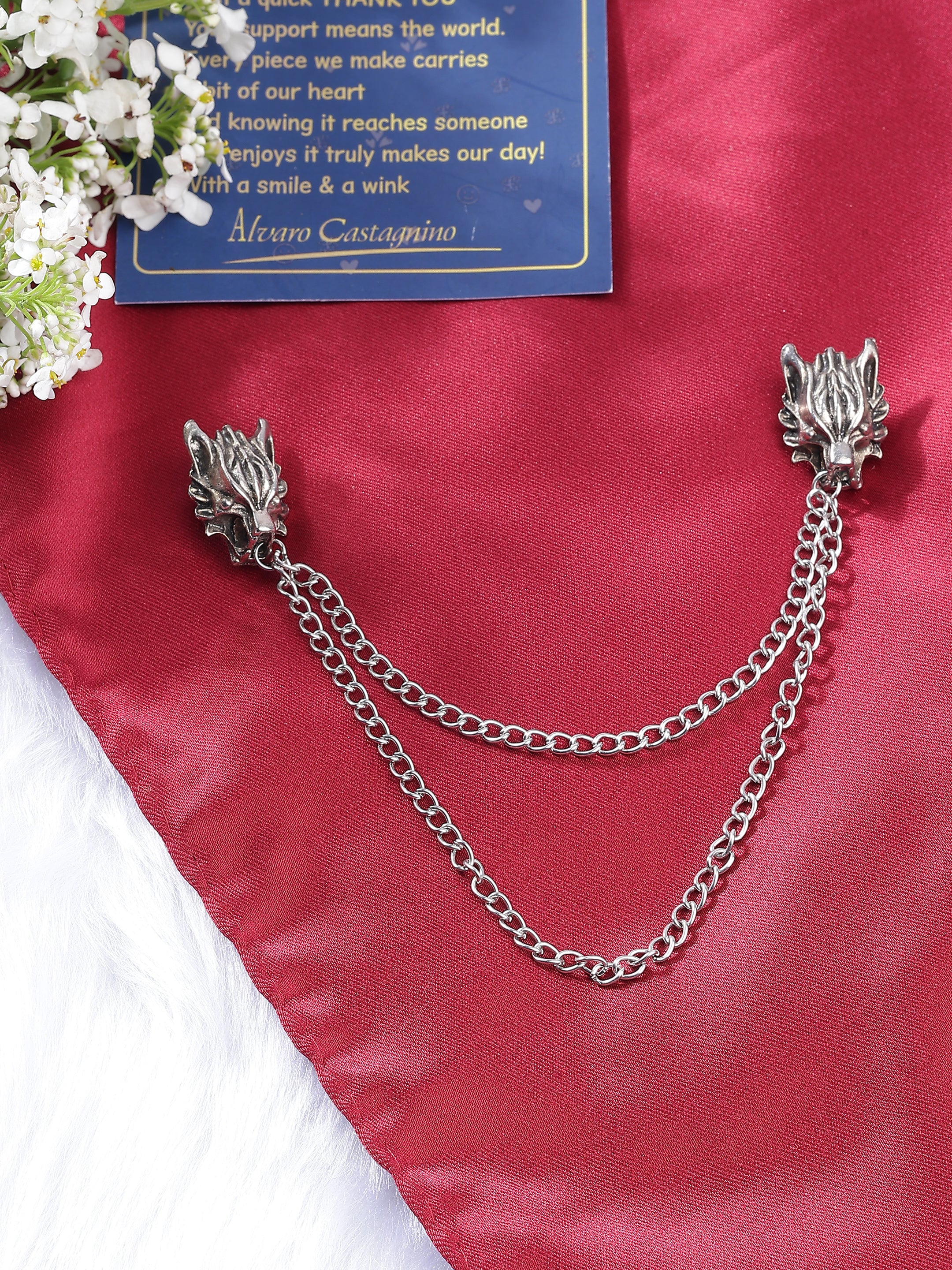 Dual Wolf Head Collar Chain Brooch