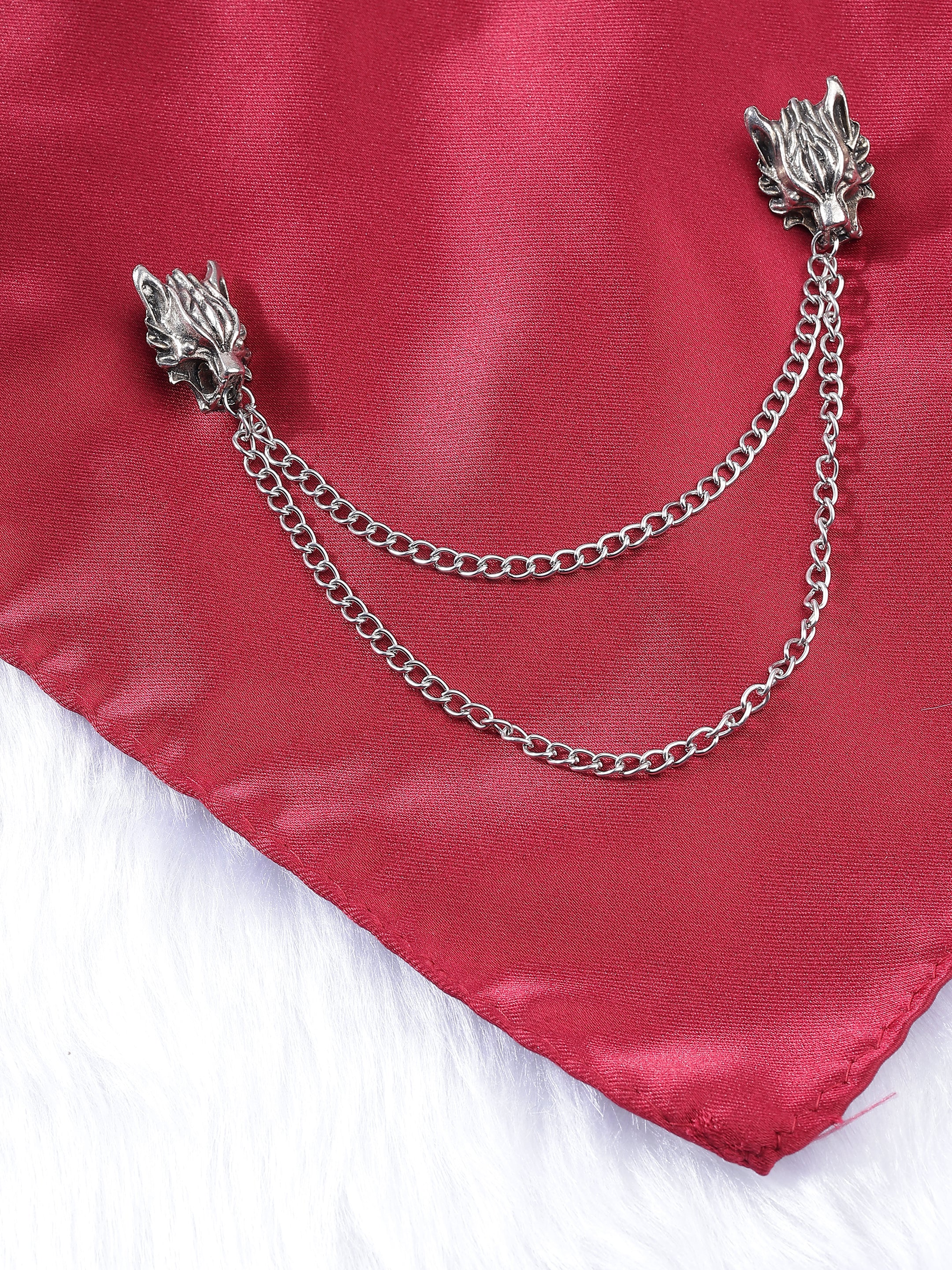Dual Wolf Head Collar Chain Brooch