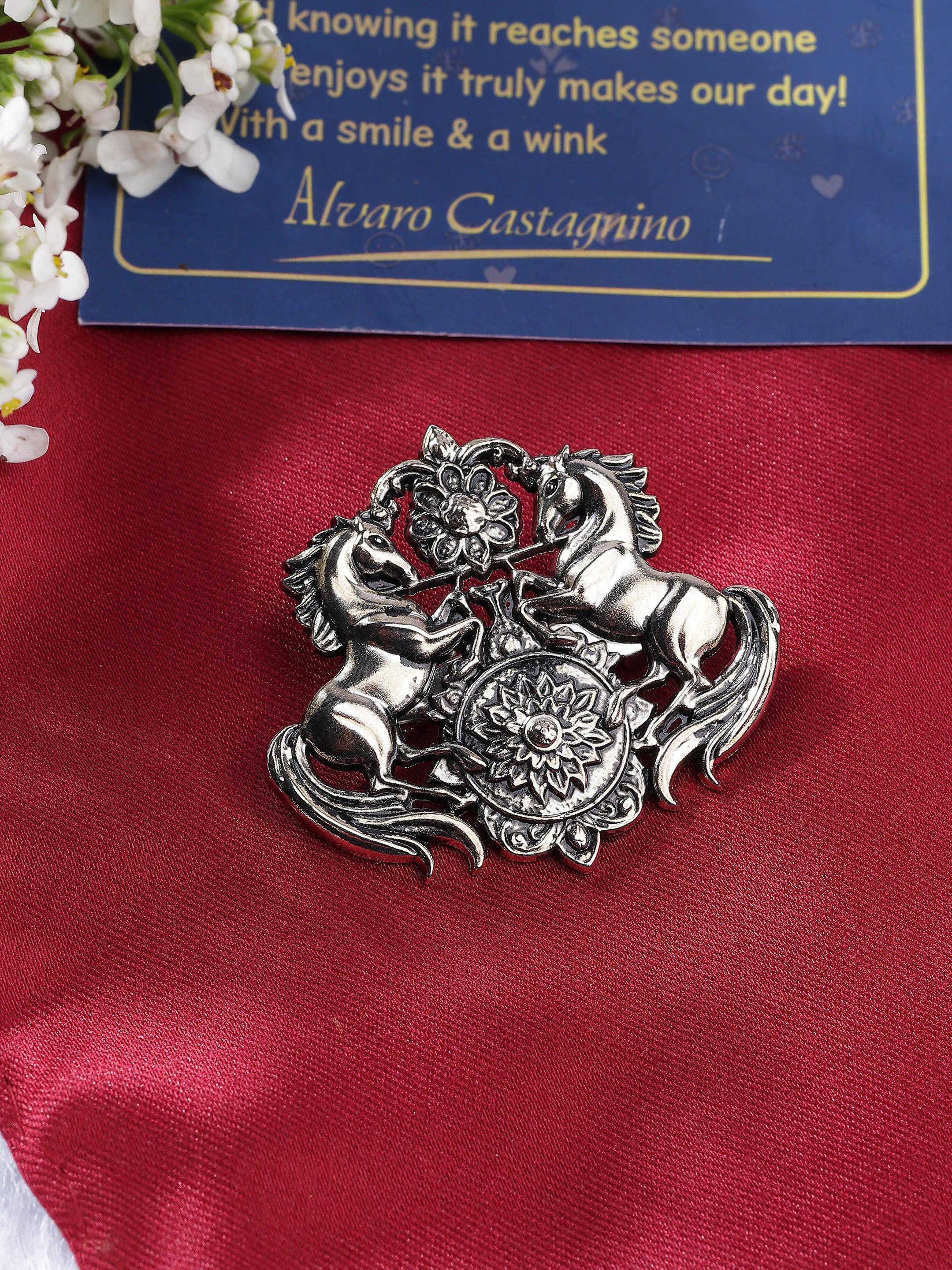 Ornate Dual Horse & Floral Brooch