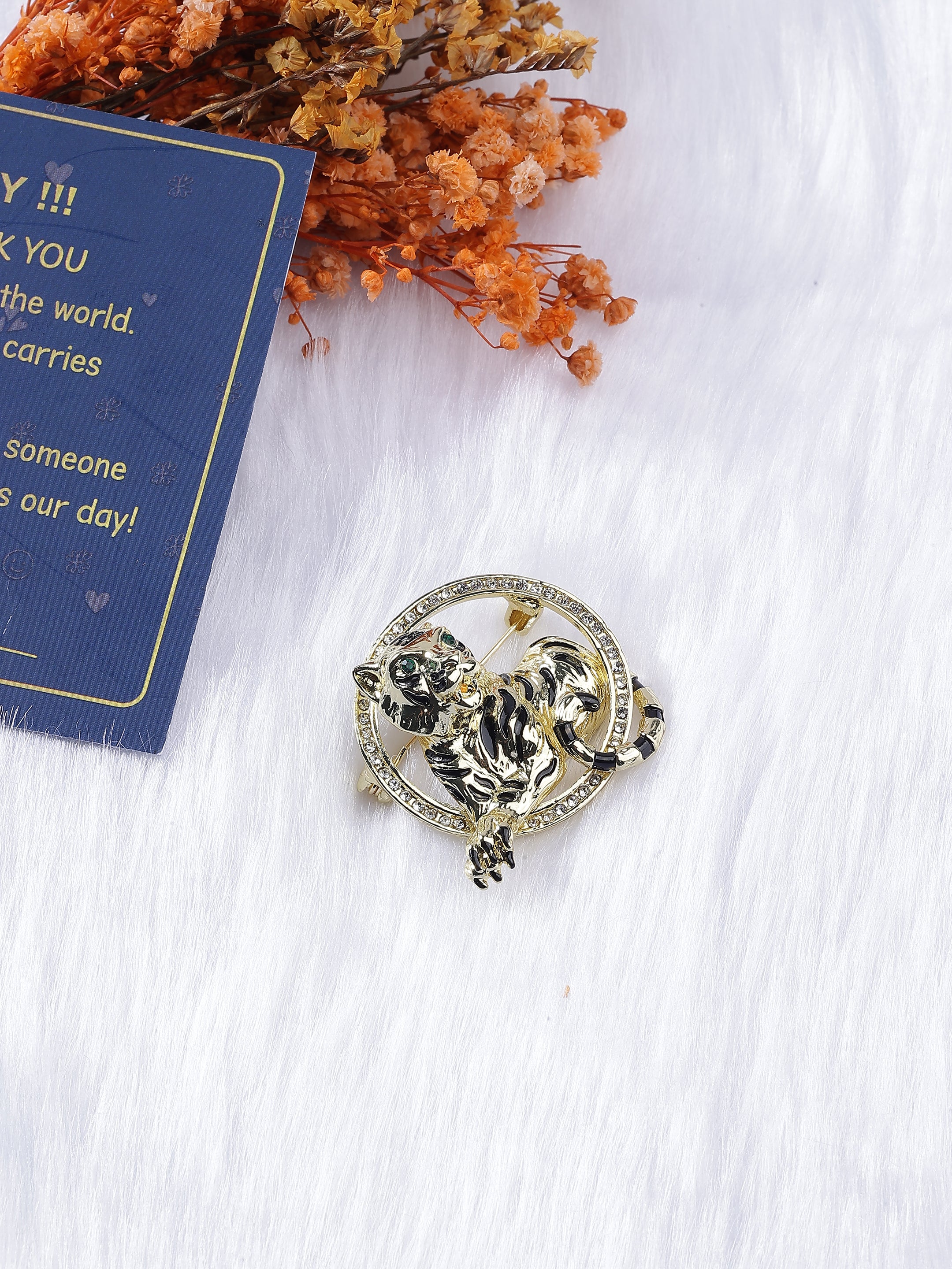 Circular Enameled Tiger Brooch