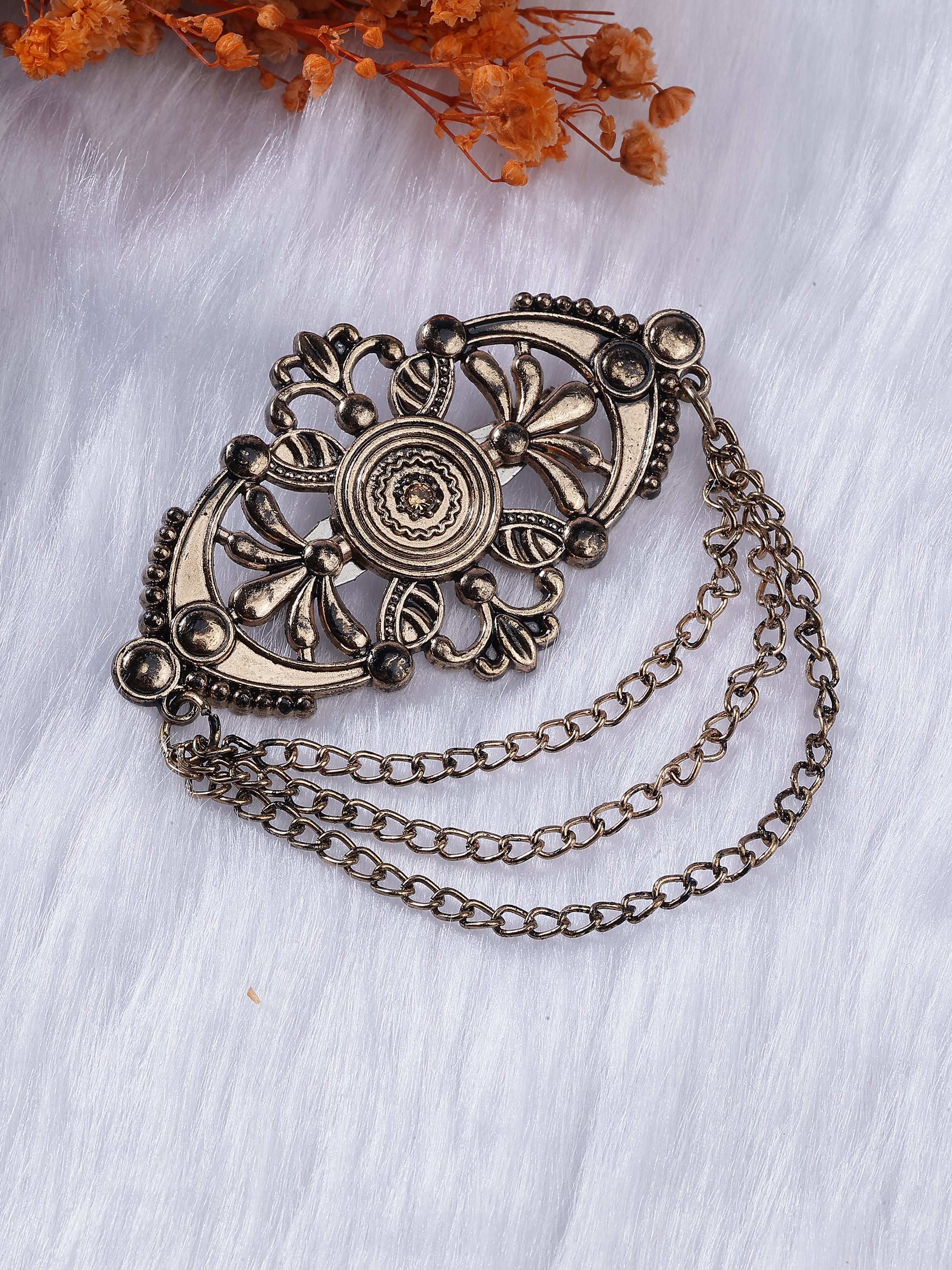 Gold-Toned Ornate Filigree Chain Brooch