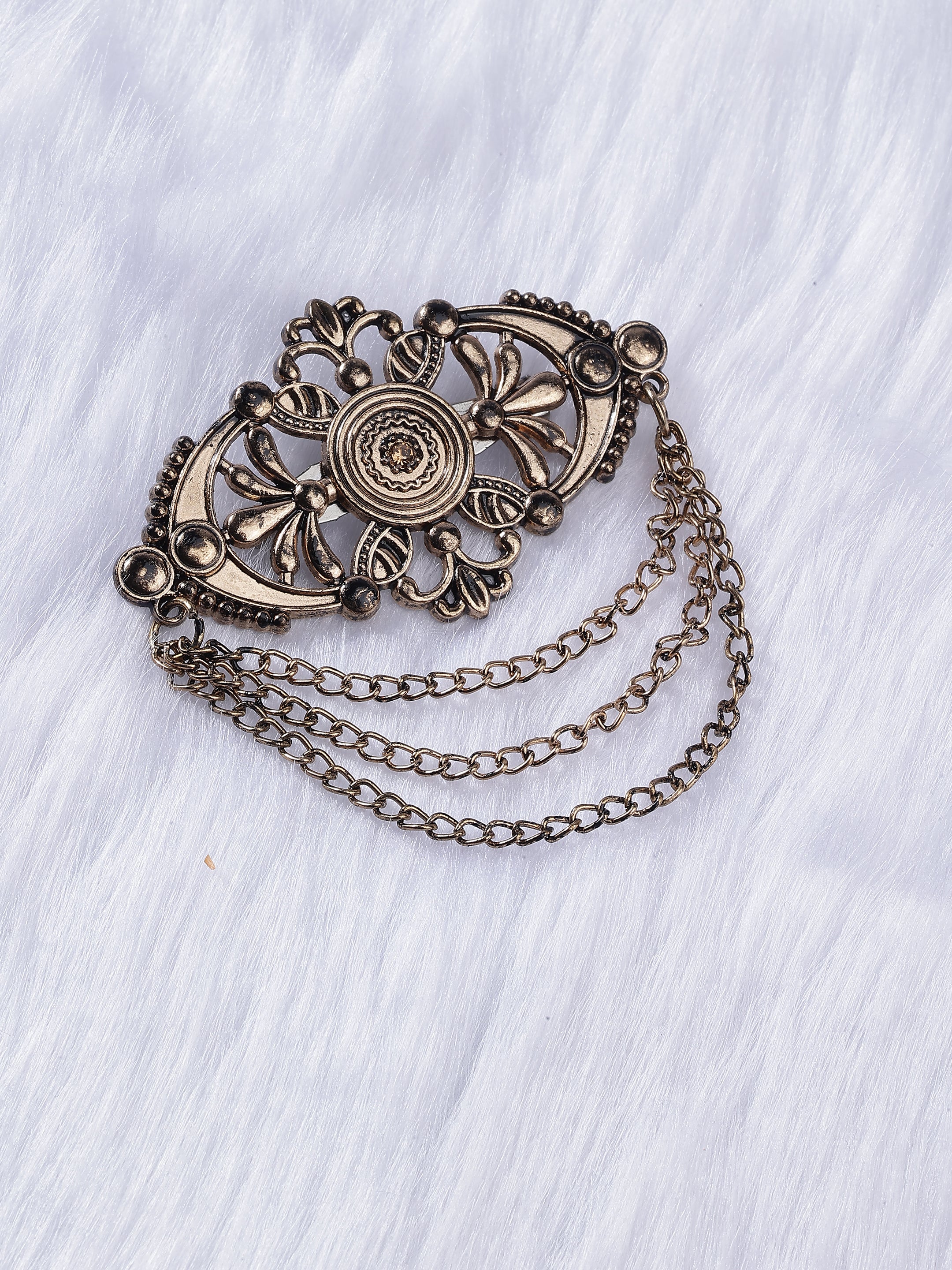 Gold-Toned Ornate Filigree Chain Brooch