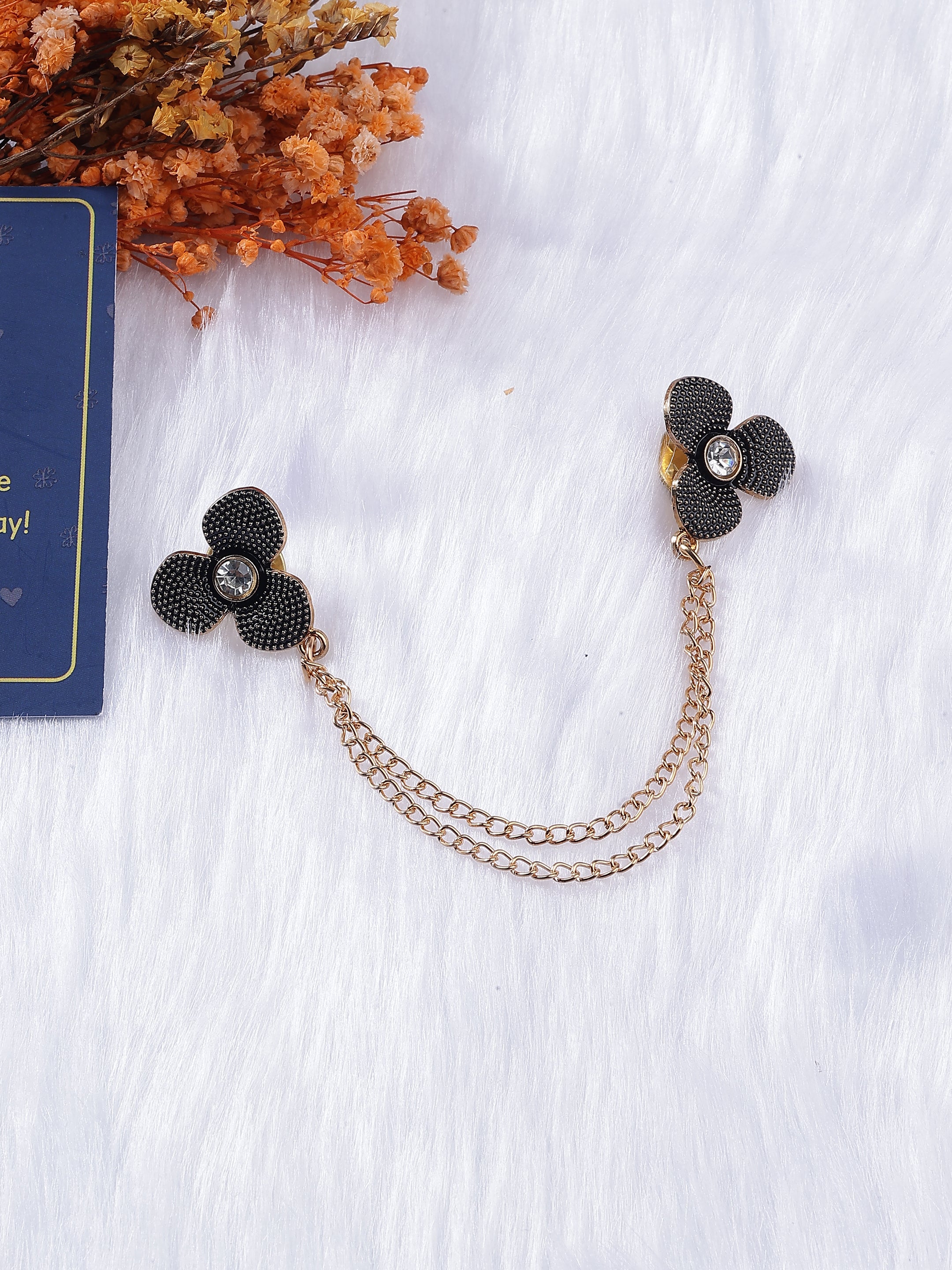 Gold & Black Floral Collar Chain Brooch