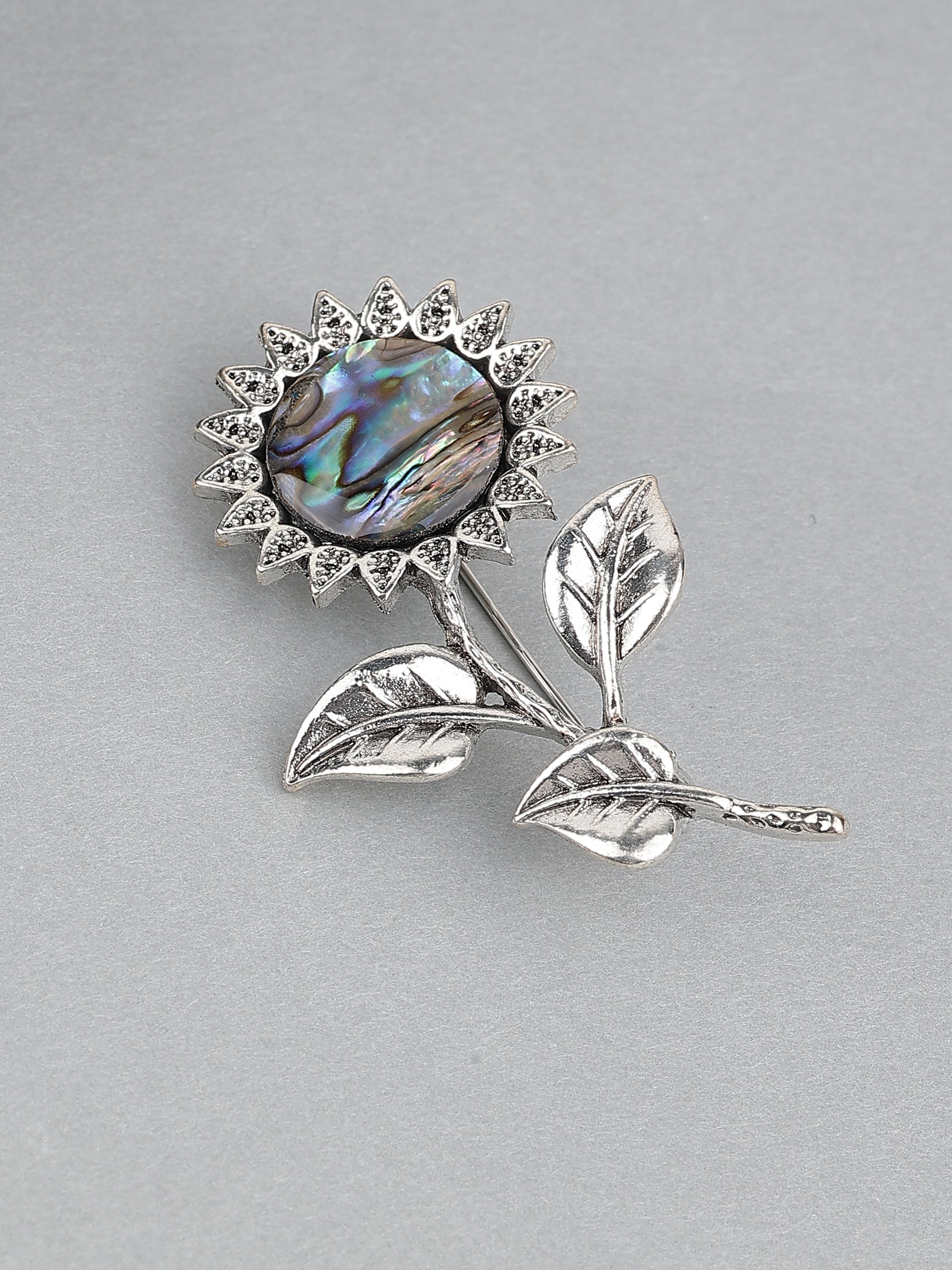 Silver-Tone Sunflower Abalone Shell Brooch