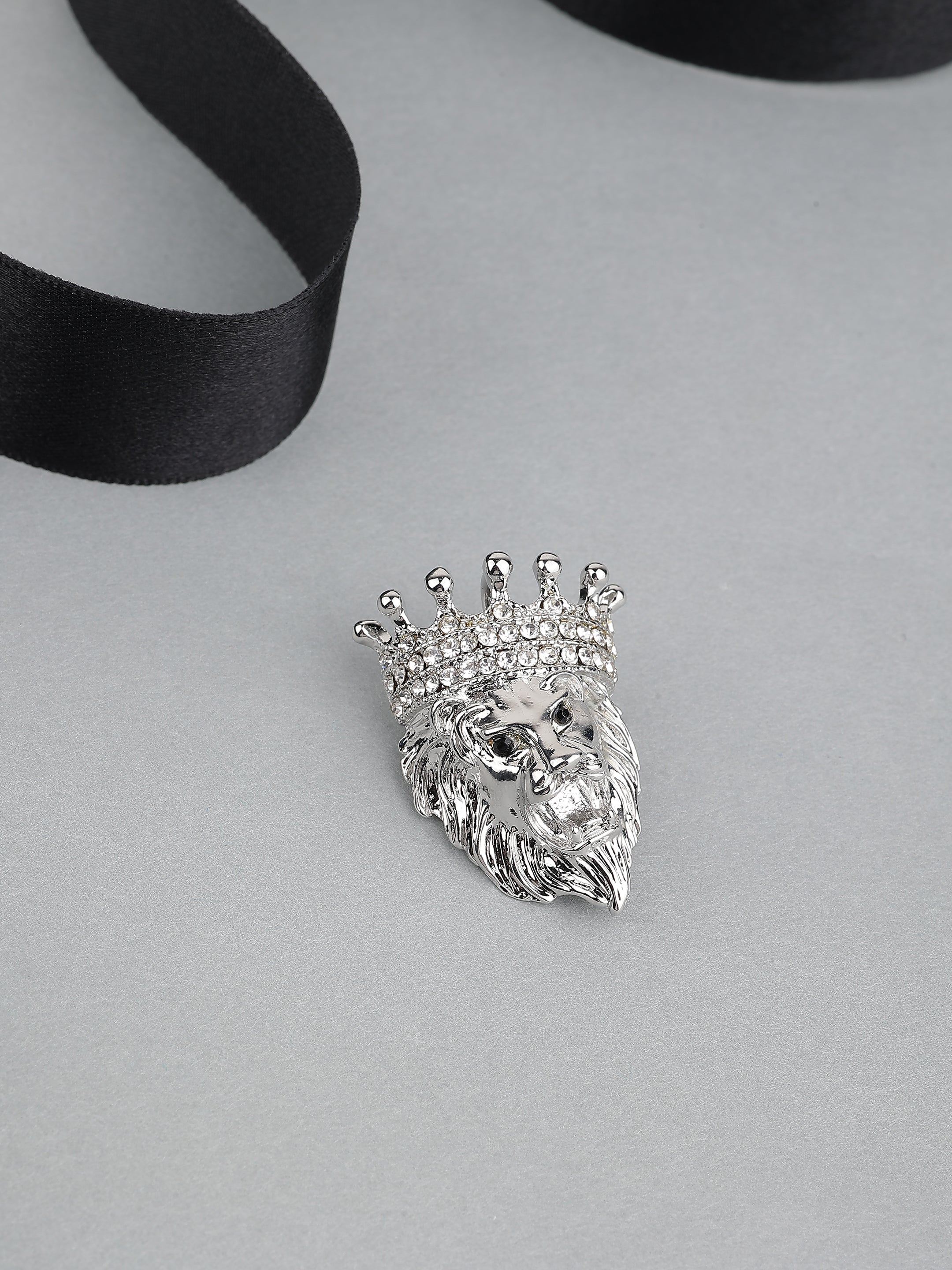 Silver-Tone Crowned Lion Brooch