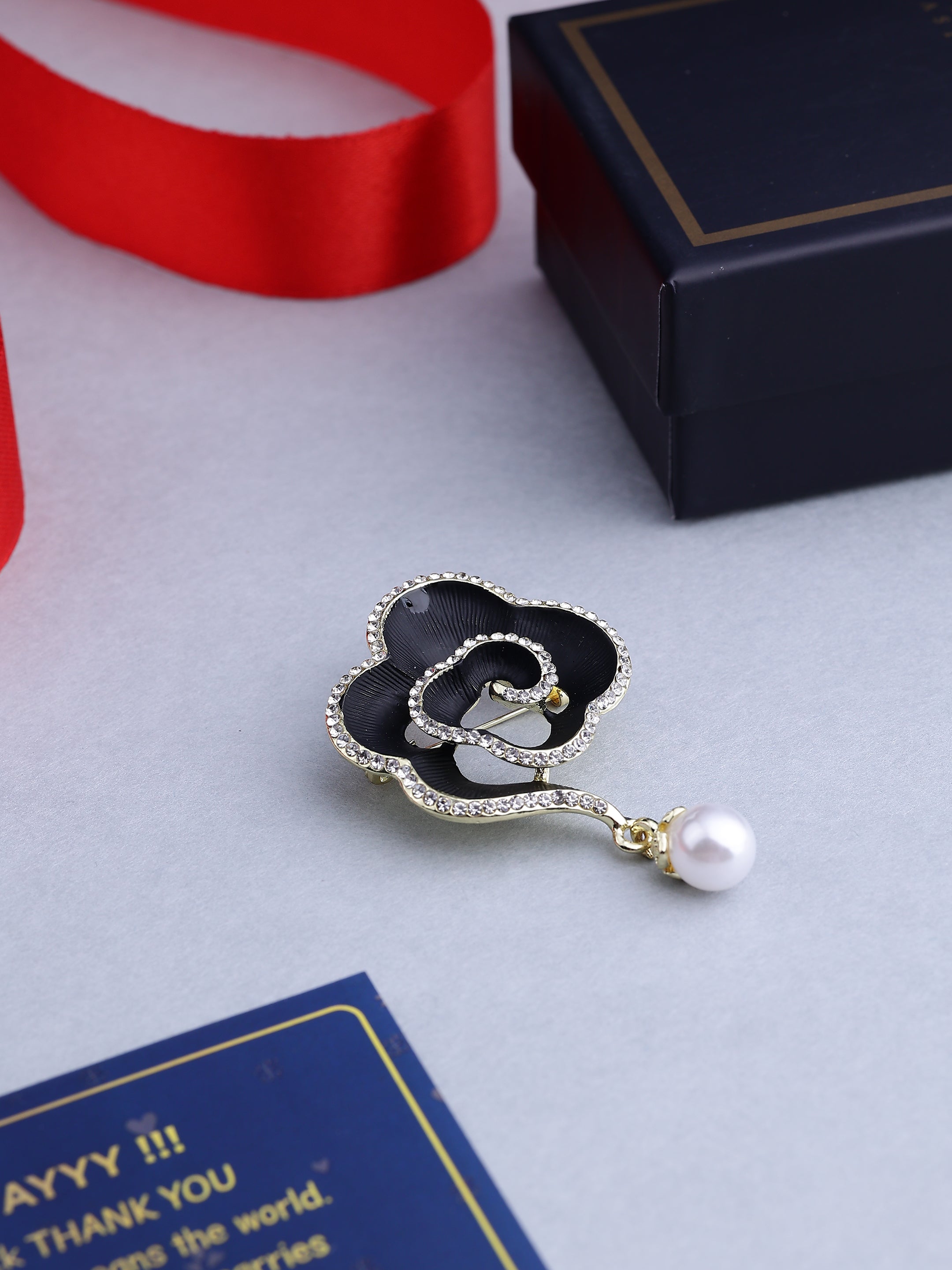 Elegant Gold Black Rose Pearl Brooch