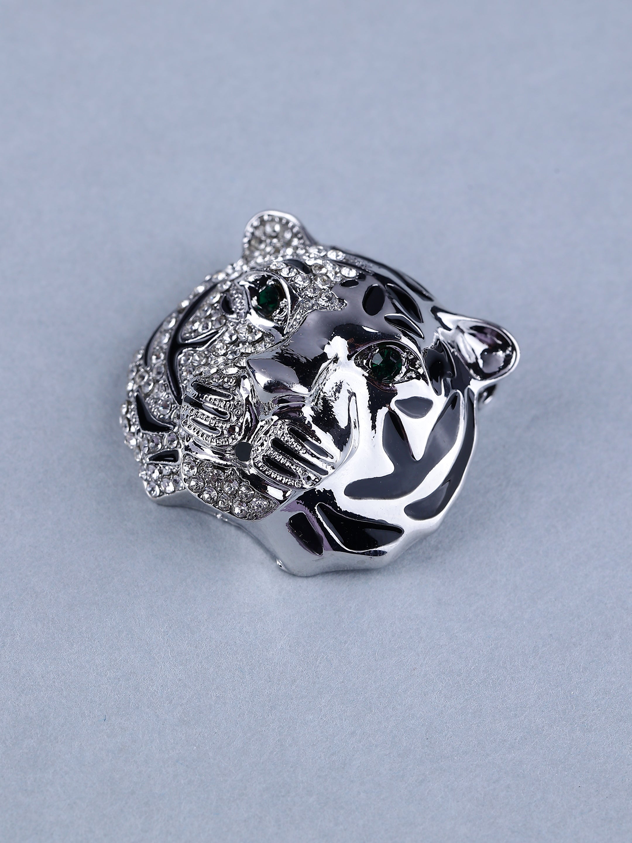 Majestic Silver Tiger Head Crystal Brooch